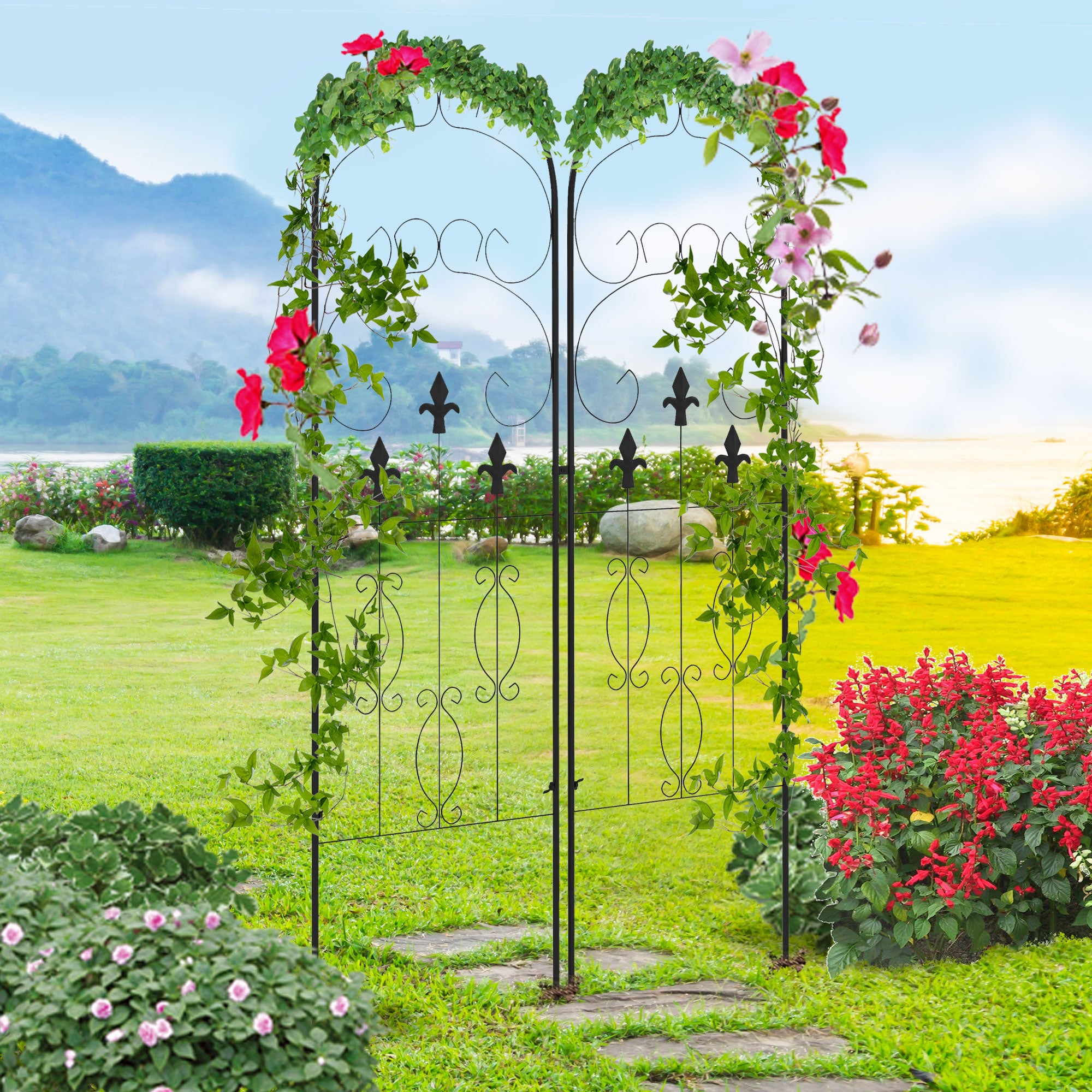 Set of 2 Metal Garden Trellis Panels 150x45cm with Scroll Design - Black