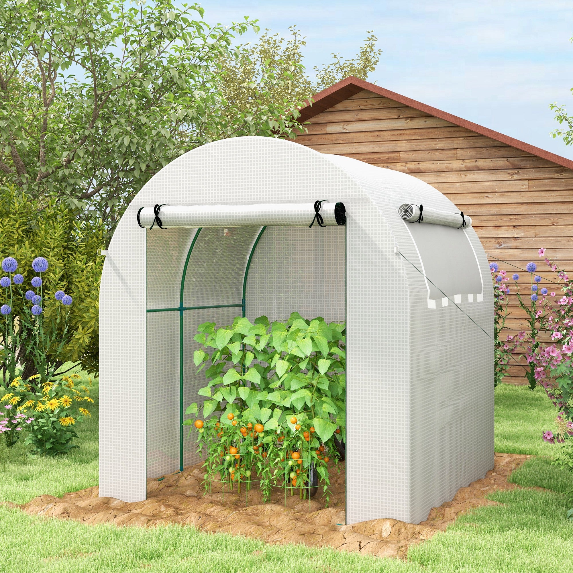 Walk-In Polytunnel Greenhouse with Roll-Up Door and Window - White
