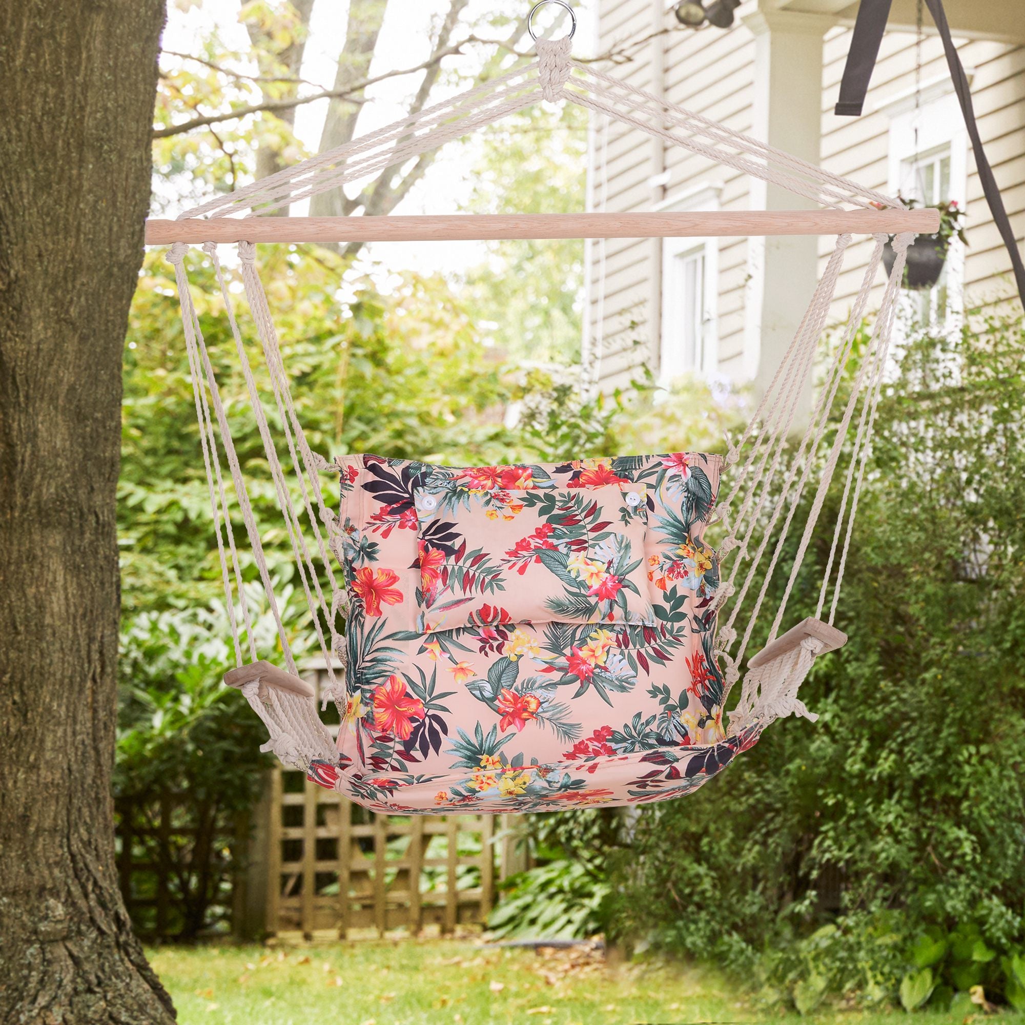 Garden Outdoor Hanging Hammock Chair with Thick Rope, Wooden Arms, Wide Seat - Multicoloured Floral