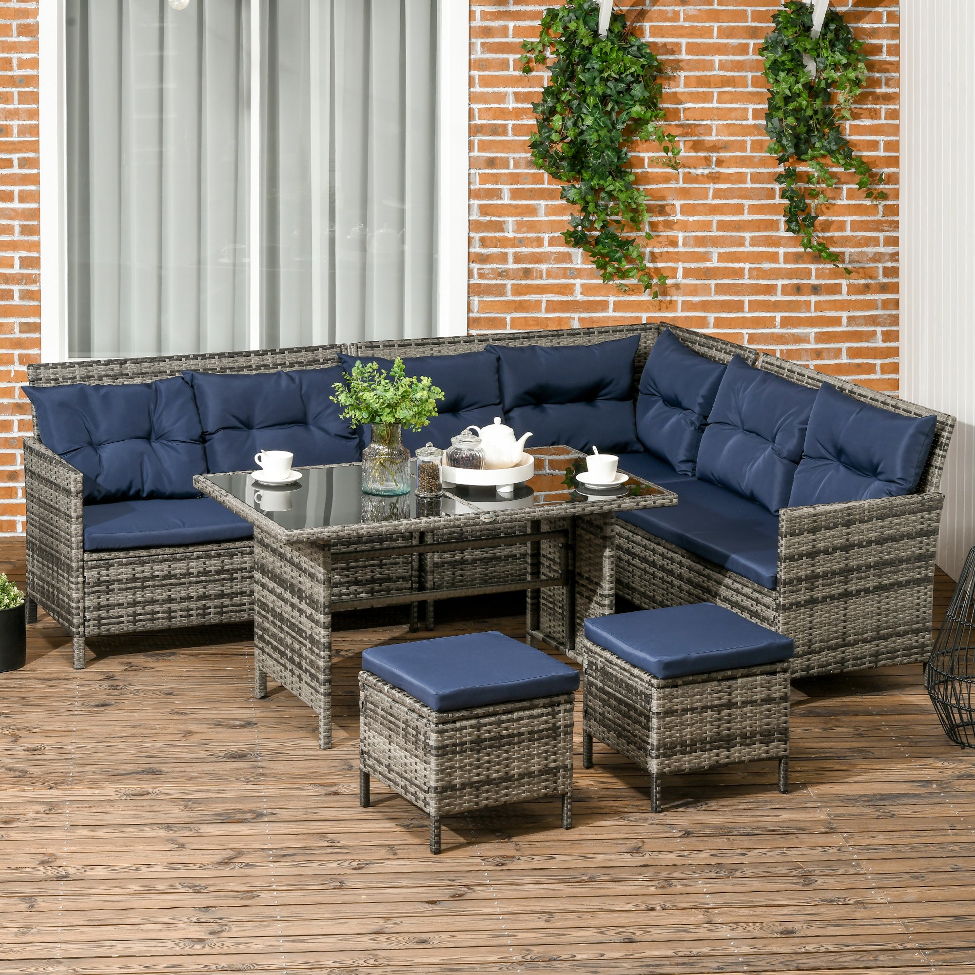 8-Seater Patio Wicker Rattan Sofa Set with Glass Table & Cushions - Dark Blue