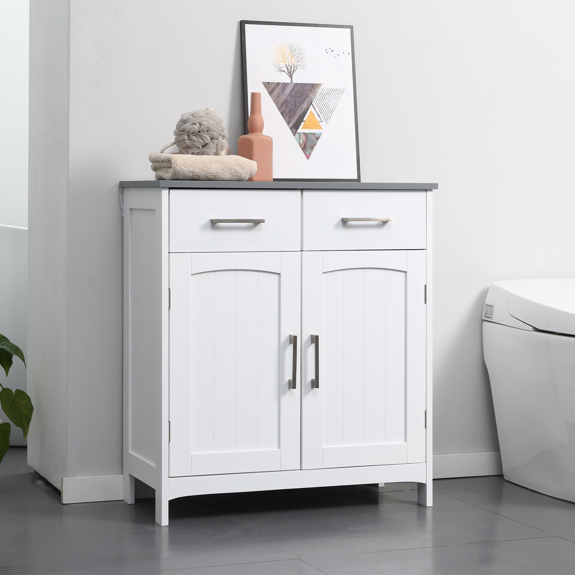 Freestanding Wooden Bathroom Floor Cabinet with Adjustable Shelf - White