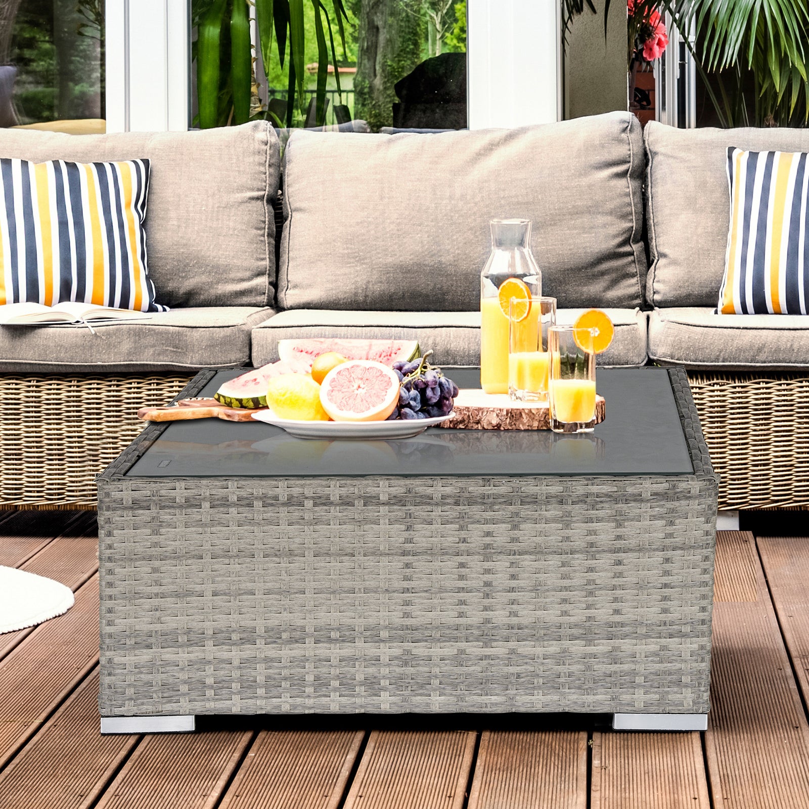 Rattan Wicker Patio Coffee Table with Tempered Glass Top - Grey