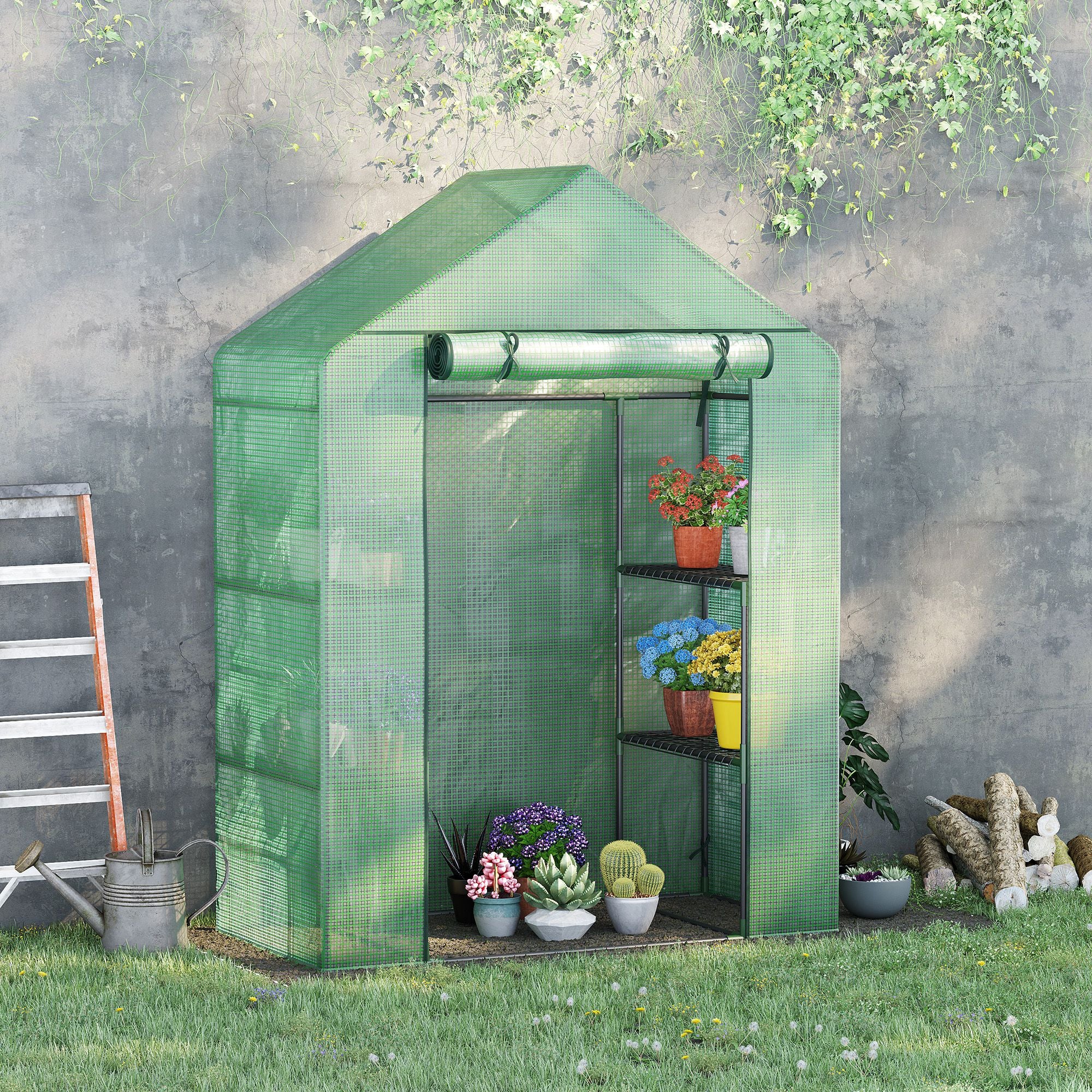 Walk-In Portable Greenhouse with 4 Shelves and PE Cover - Green