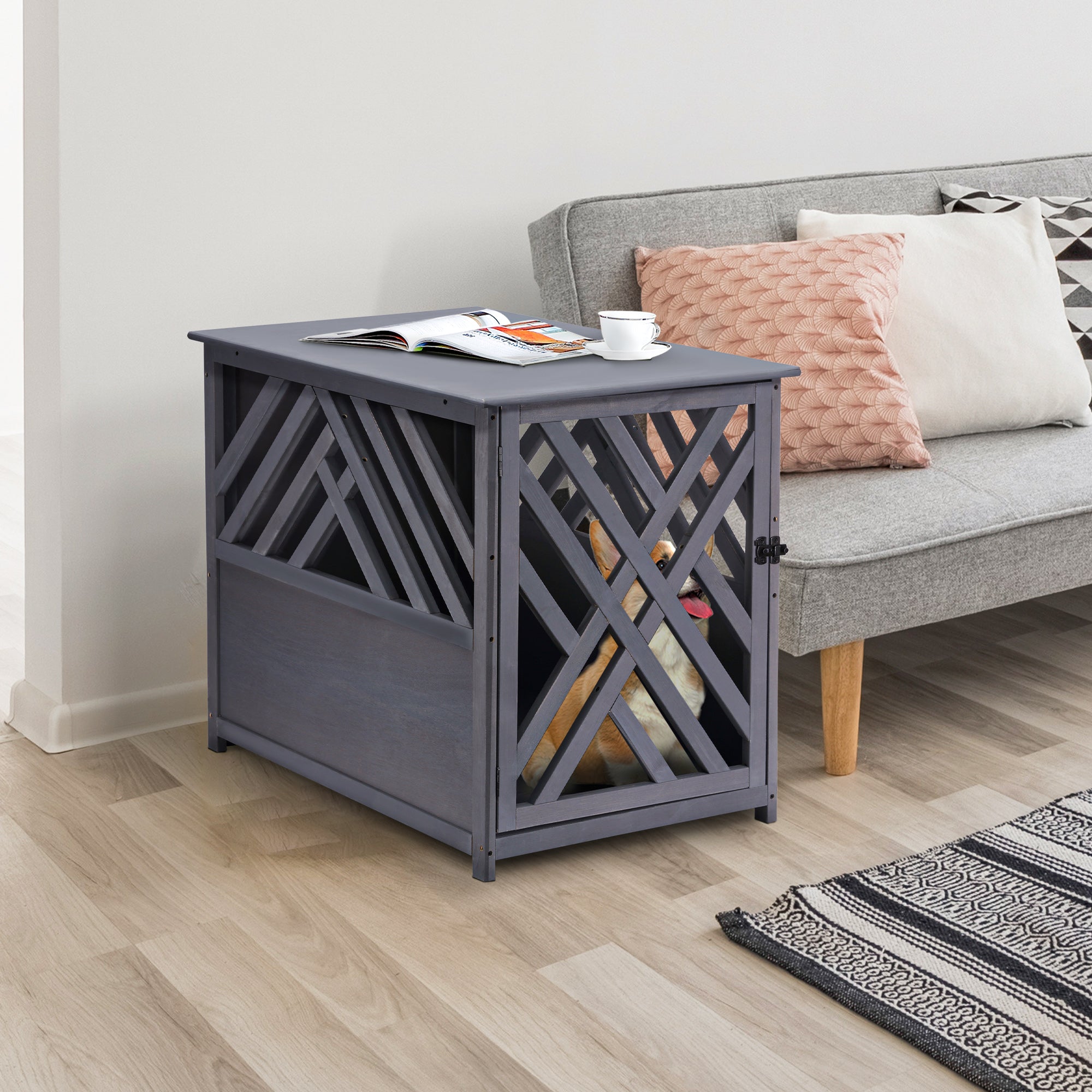 Furniture Style Wooden Dog Crate Kennel Top End Table Decorative Dog Cage Lattice Night Stand with Lockable Door, 60 x 91 x 74 cm, Grey