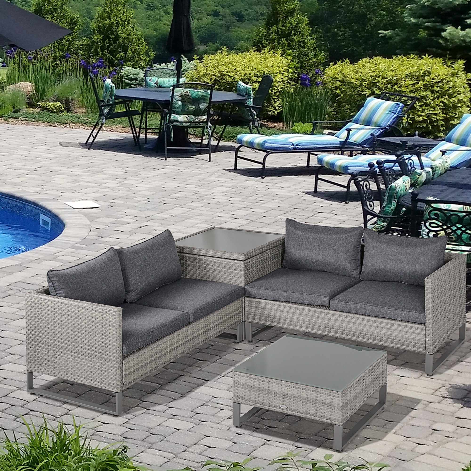 4 Piece Grey PE Rattan Sofa Set with Cushions and Storage Box