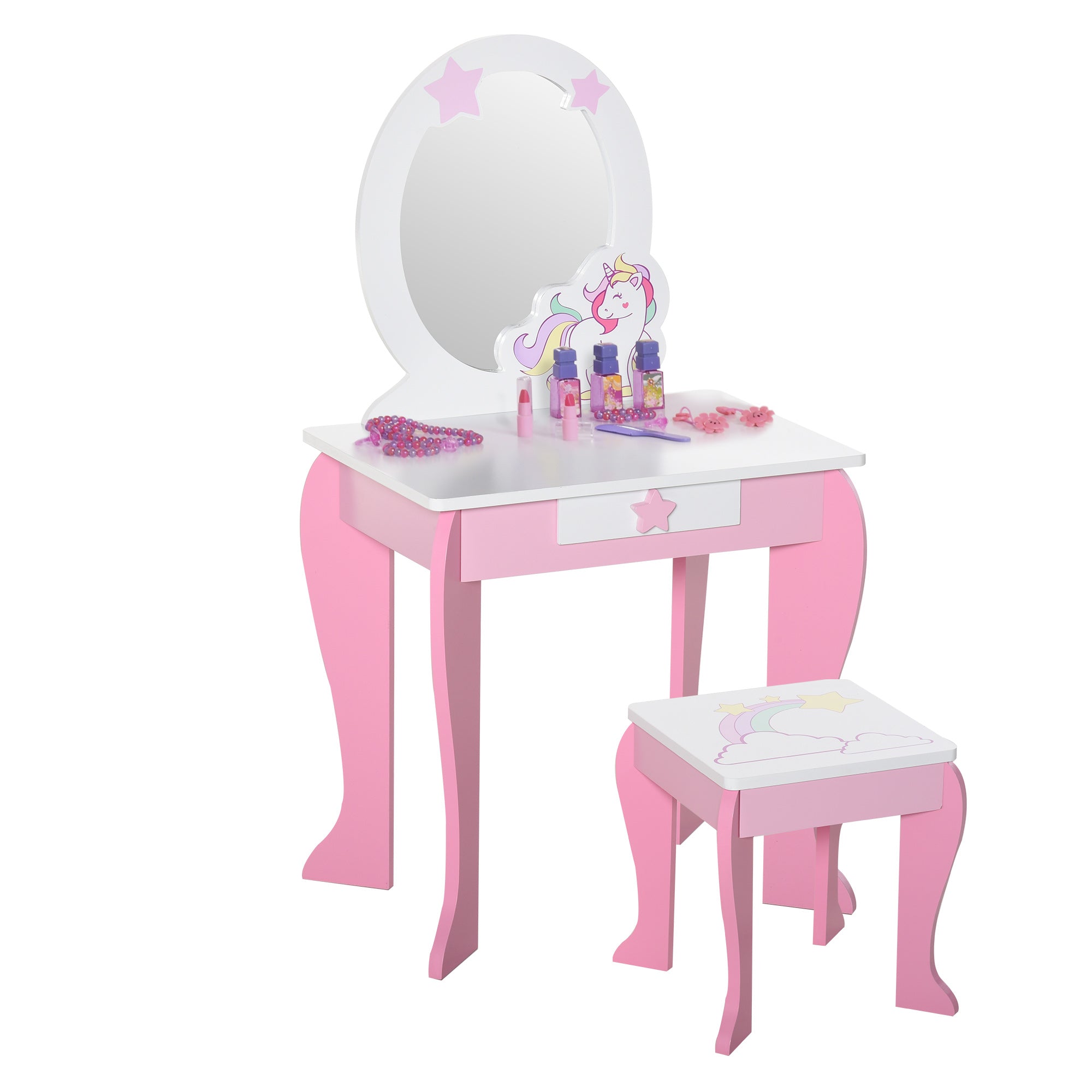 Girls Dressing Table Set with Mirror and Stool Pink Unicorn Design
