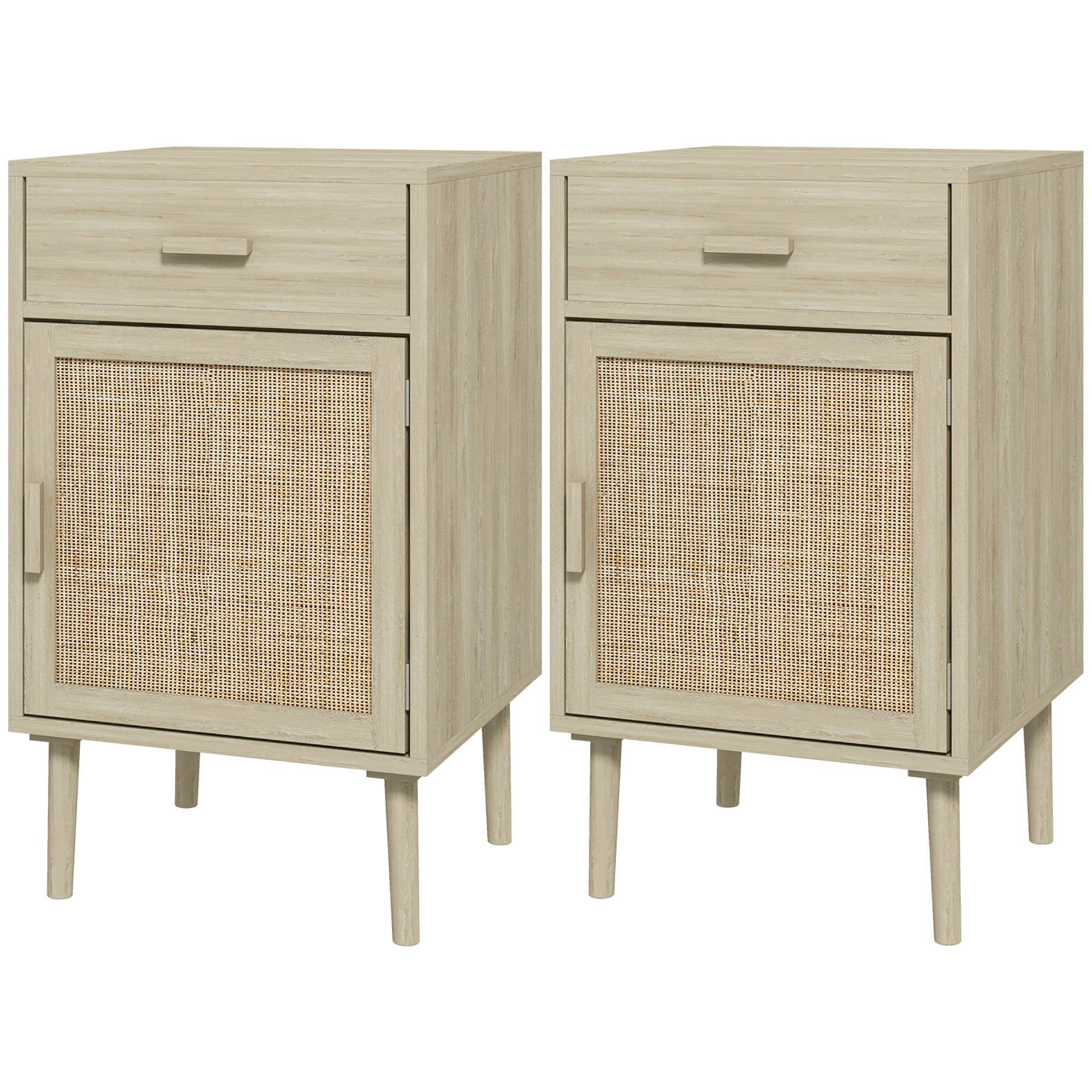 Set of 2 Rattan Bedside Tables with Adjustable Shelf and Drawer - Natural Wood Effect