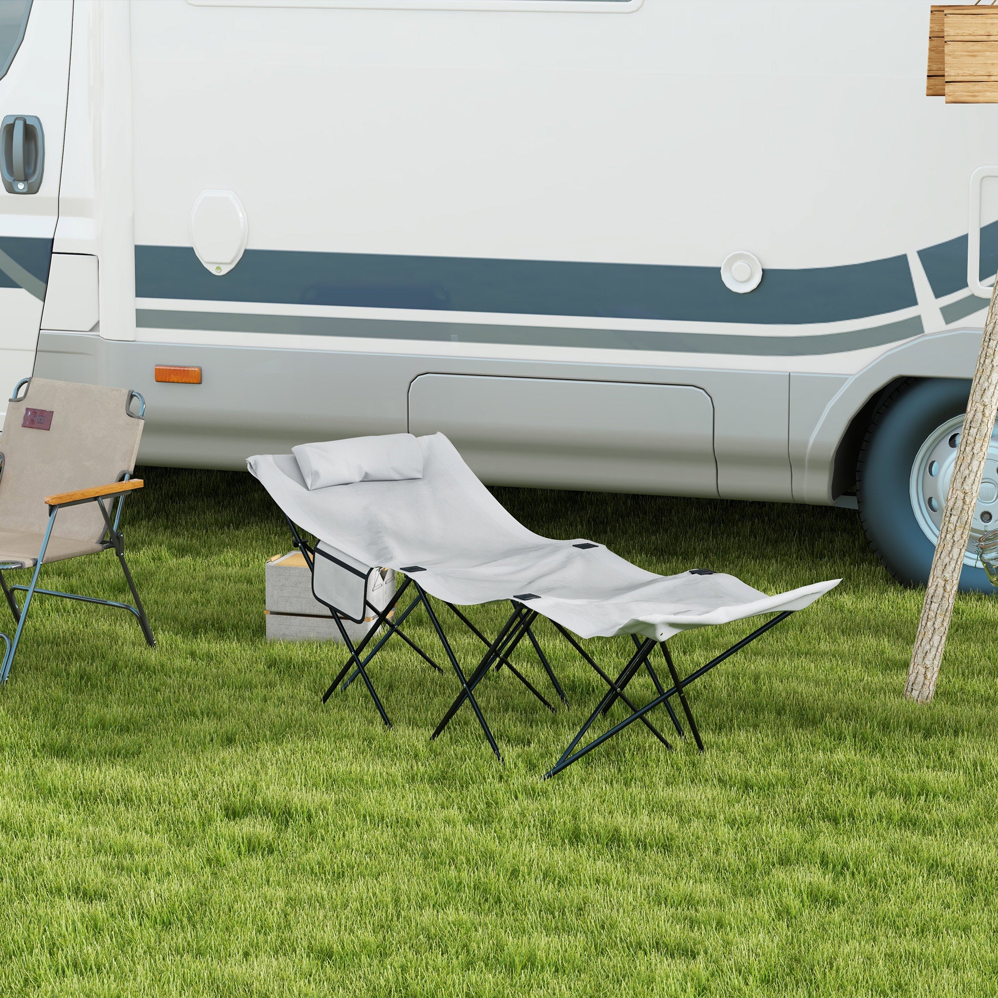 Foldable Outdoor Sun Lounger with Headrest and Side Pocket - Light Grey