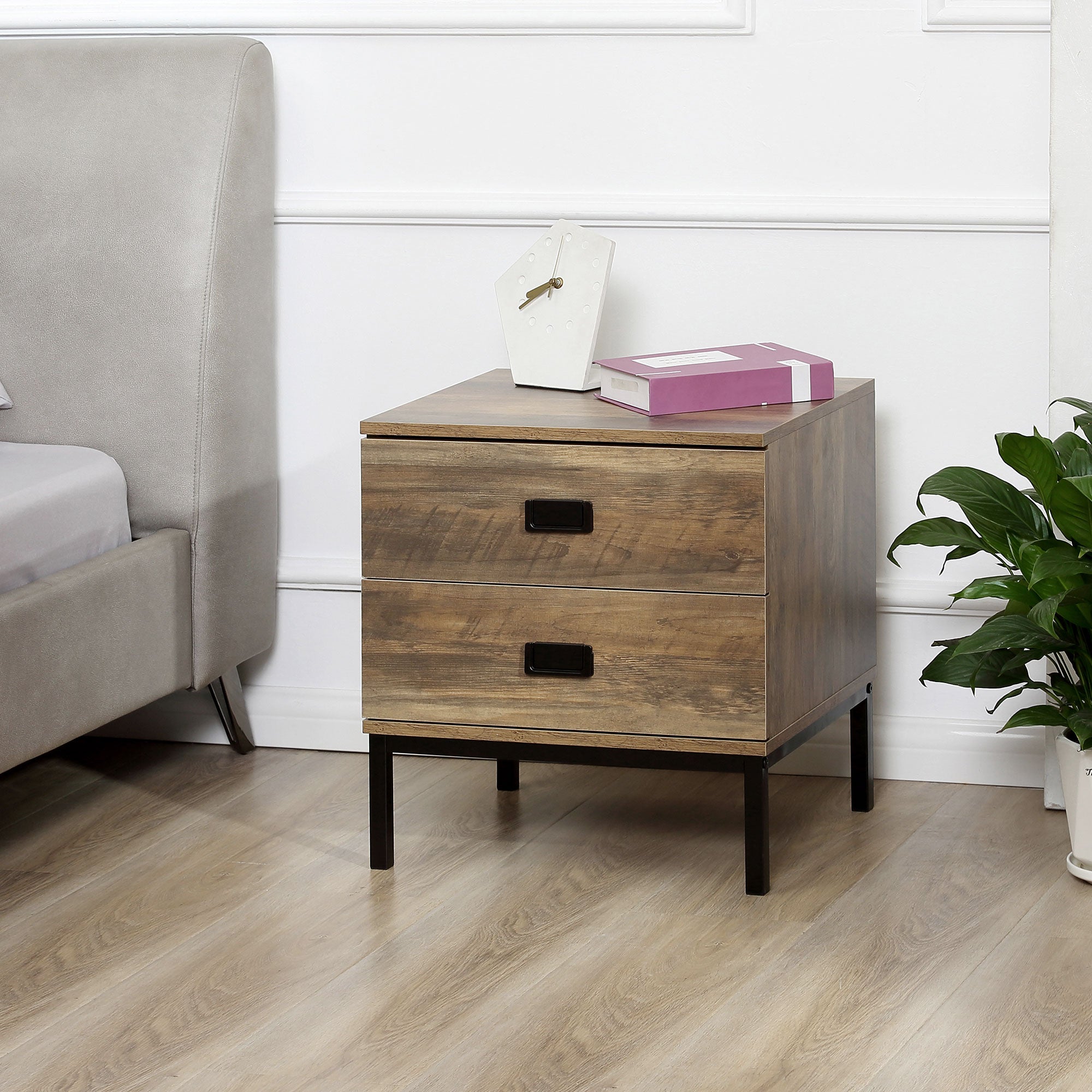 Retro Bedside Table with 2 Drawers Faded Industrial Design - Black