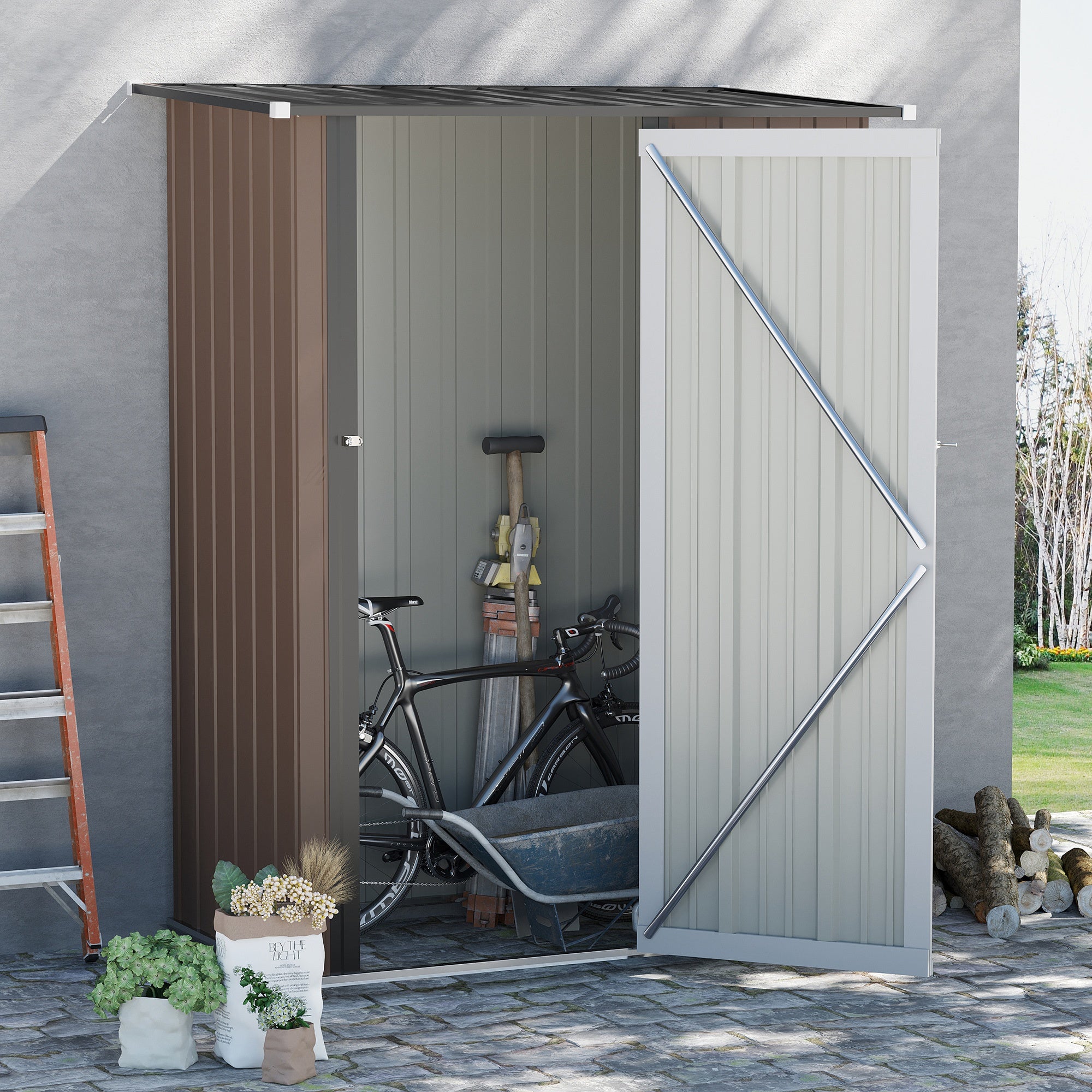 5ft x 3ft Metal Garden Storage Shed with Lockable Door - Brown