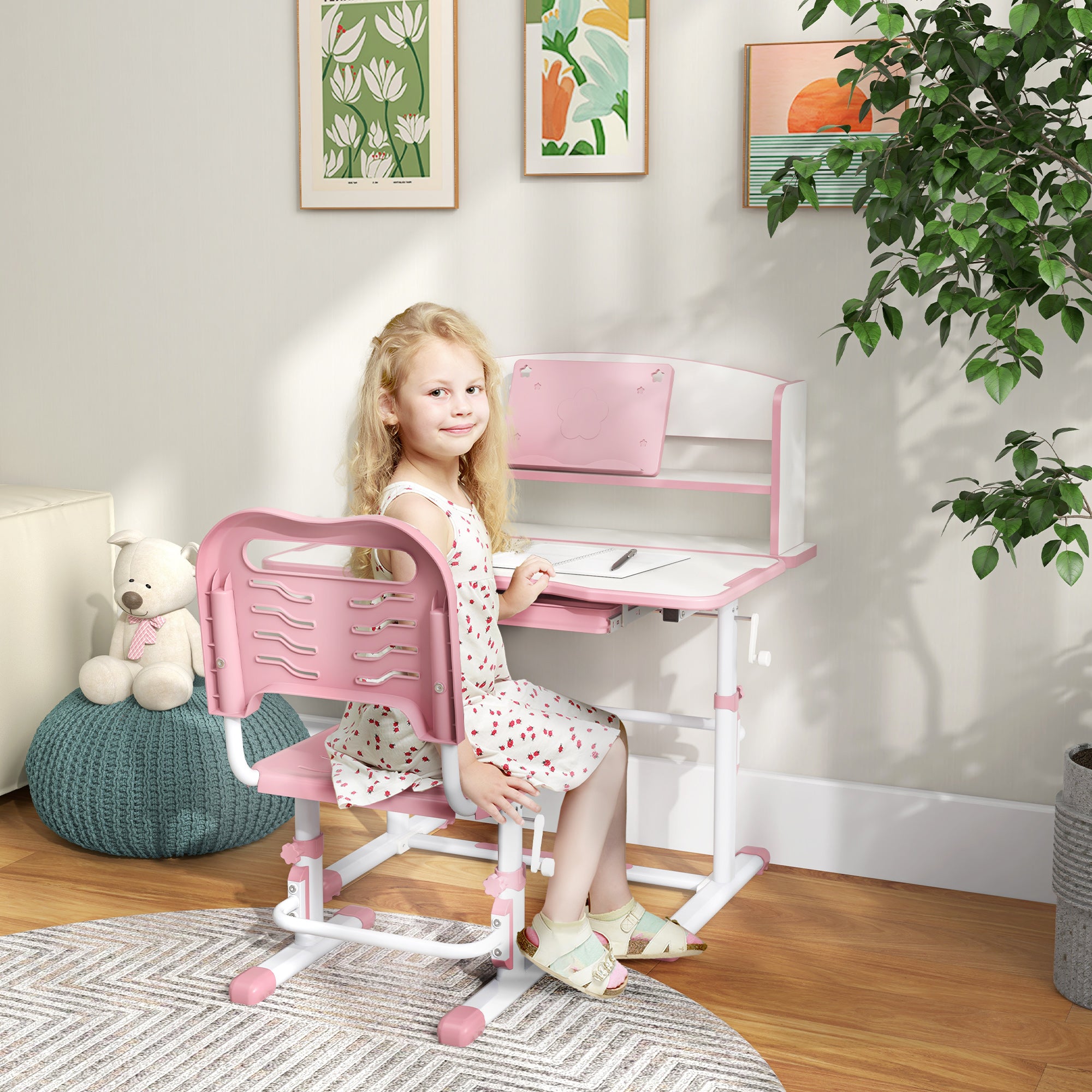 2 Piece Height Adjustable Kids Study Table and Chair Set with Storage Pink