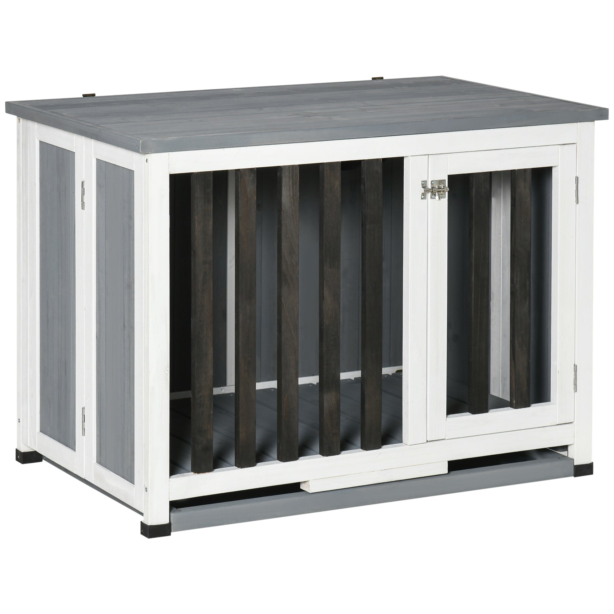 Wooden Dog Crate Folding Pet Kennel Cage End Table with Removable Tray for Medium and Small Dogs Grey 84.5 x 51.4 x 61 cm