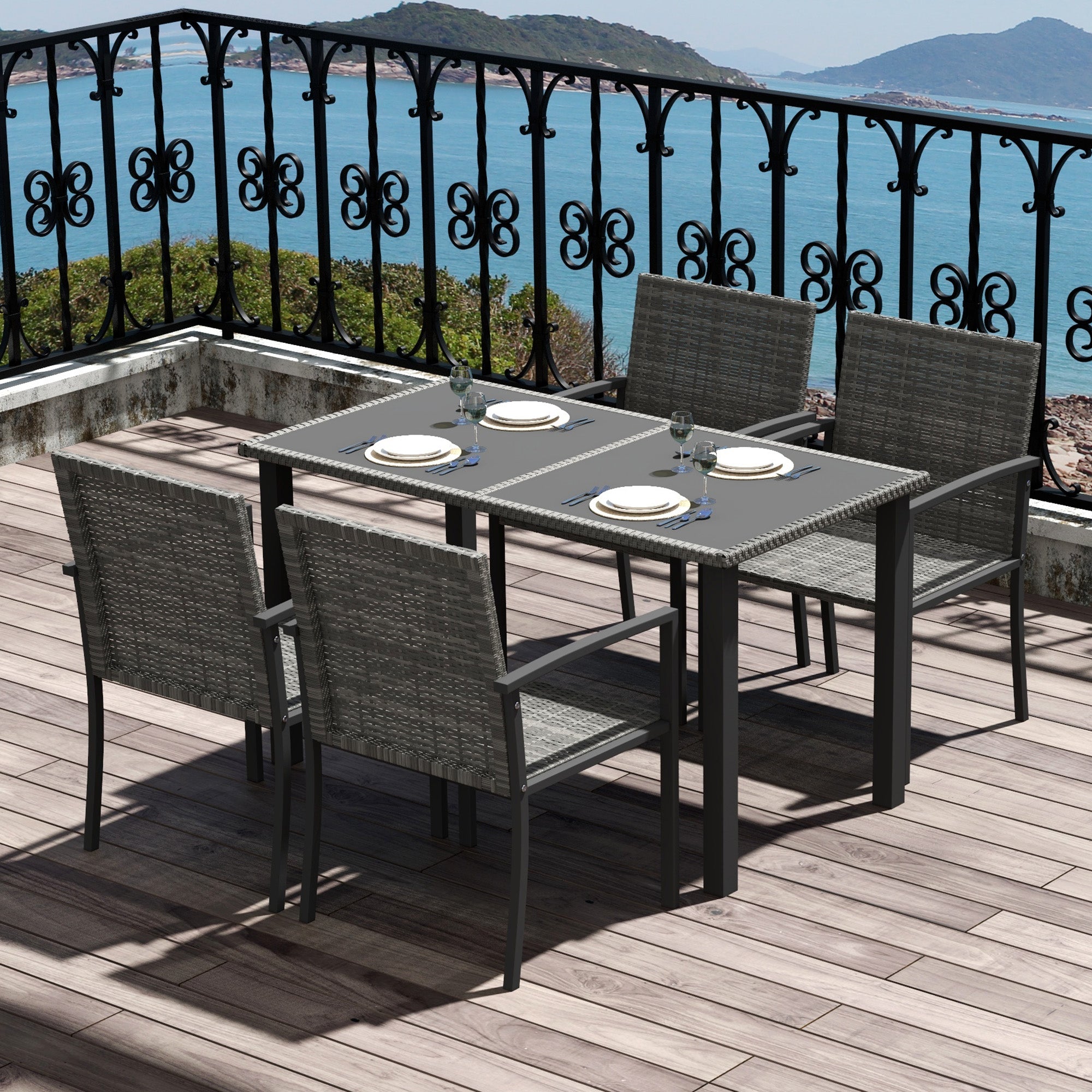 5 Piece Rattan Outdoor Dining Set with Tempered Glass Tabletop - Grey
