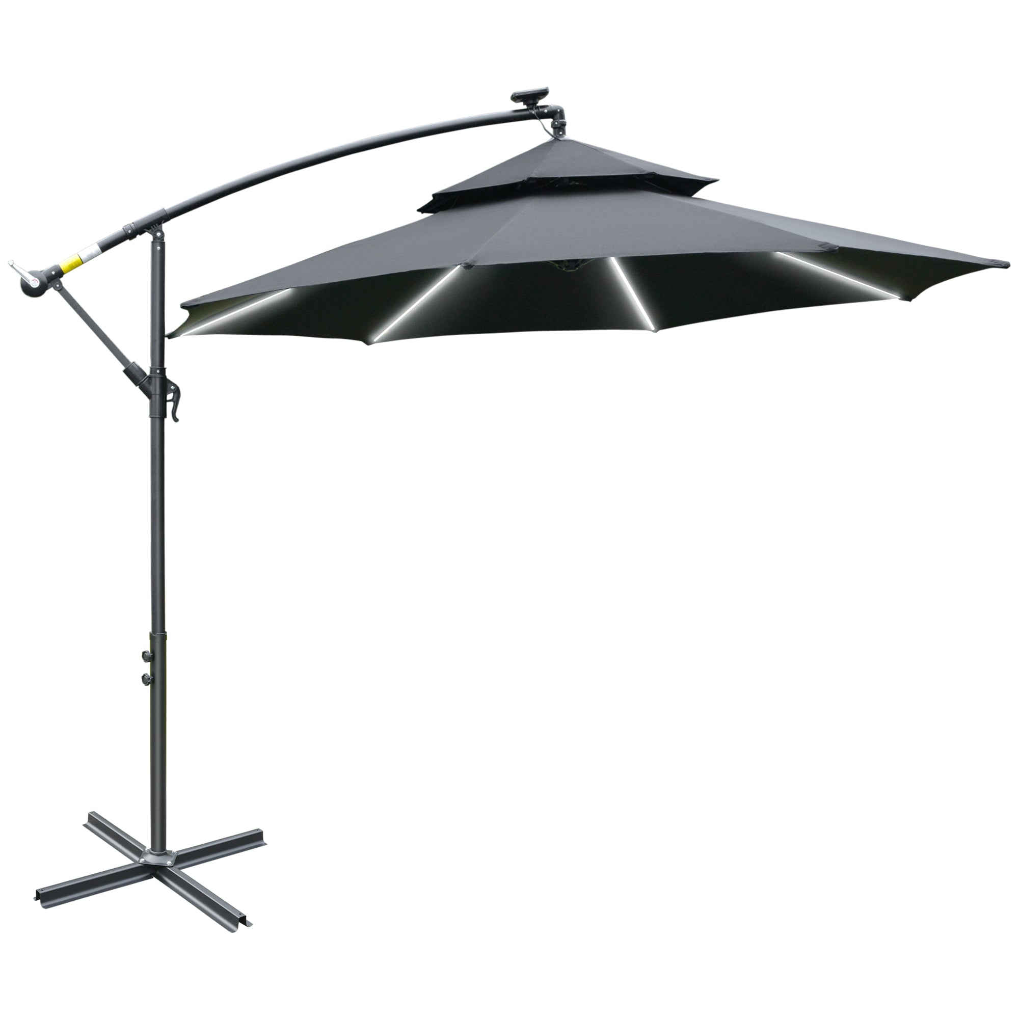 3 Metre Cantilever Banana Parasol with Double Roof and Solar LED Lights - Black
