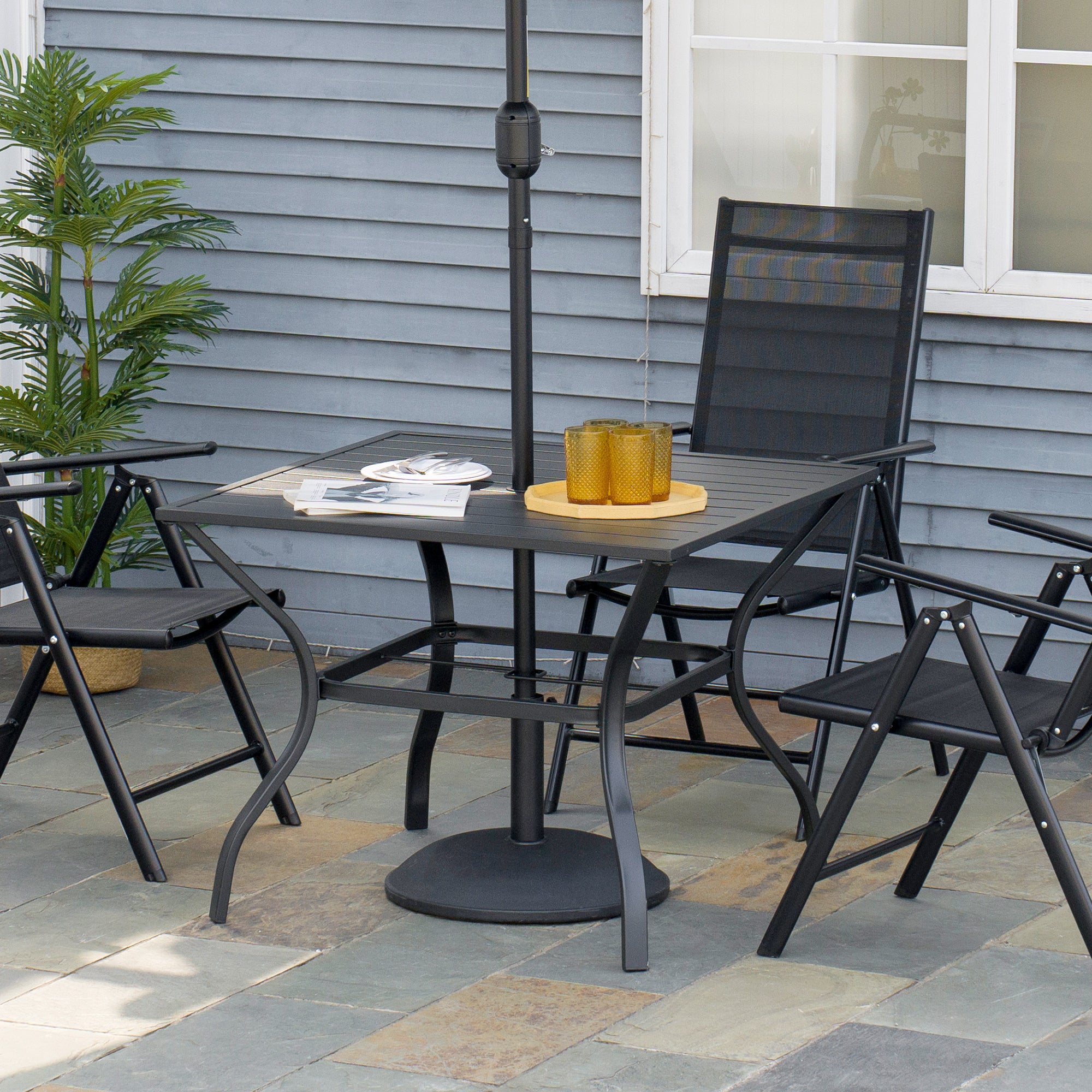 4 Seater Outdoor Dining Table with Parasol Hole - Black Steel