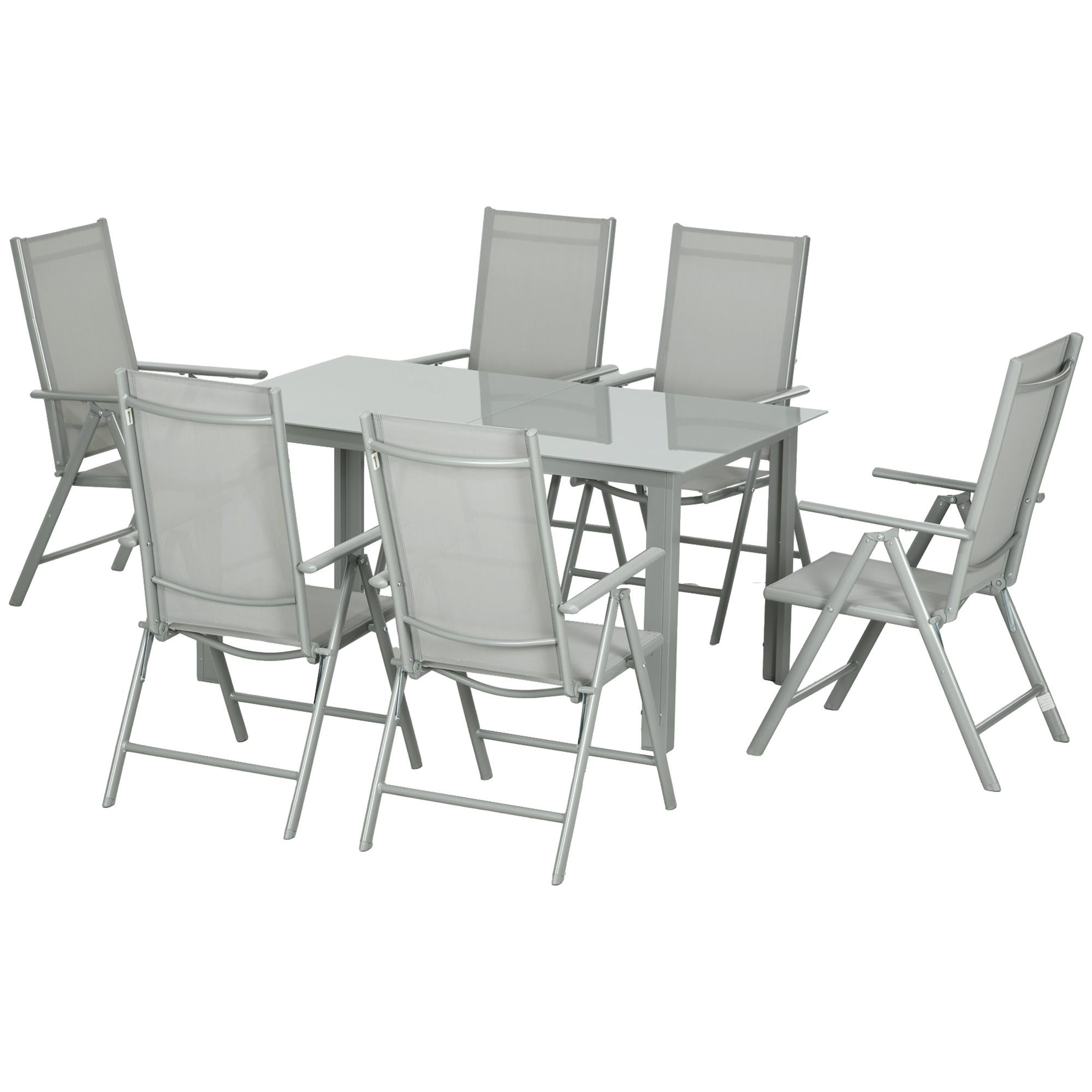 7 Piece Garden Dining Set with Reclining Chairs and Tempered Glass Table - Grey
