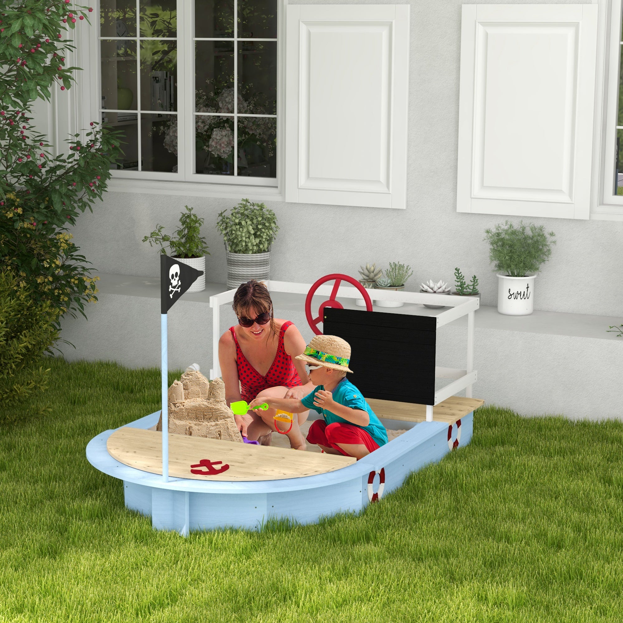 Wooden Kids Pirate Ship Sandbox with Seating and Storage - Blue