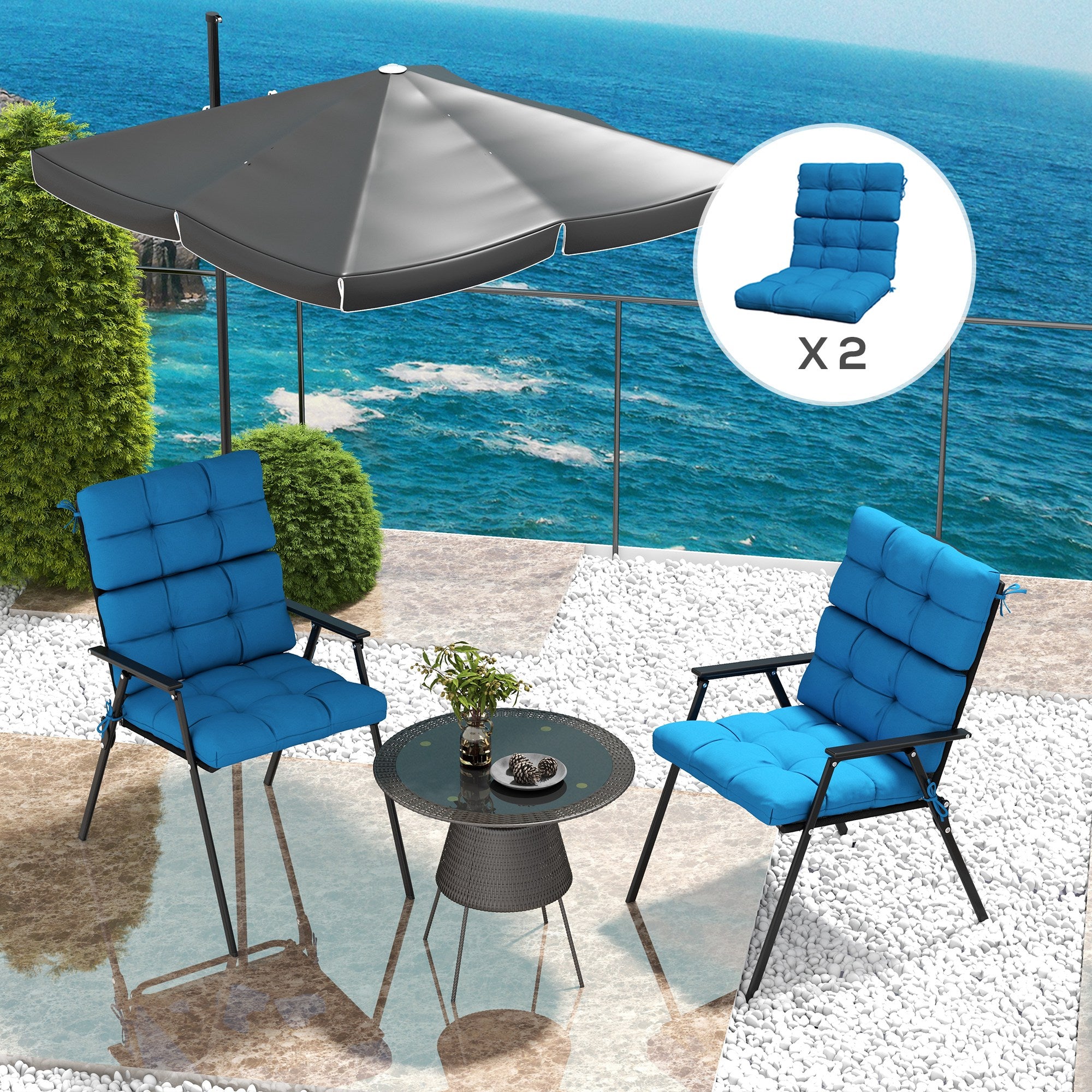 2-Piece Garden Patio Chair Seat Cushion Set with Backrest and Ties - Turquoise Green