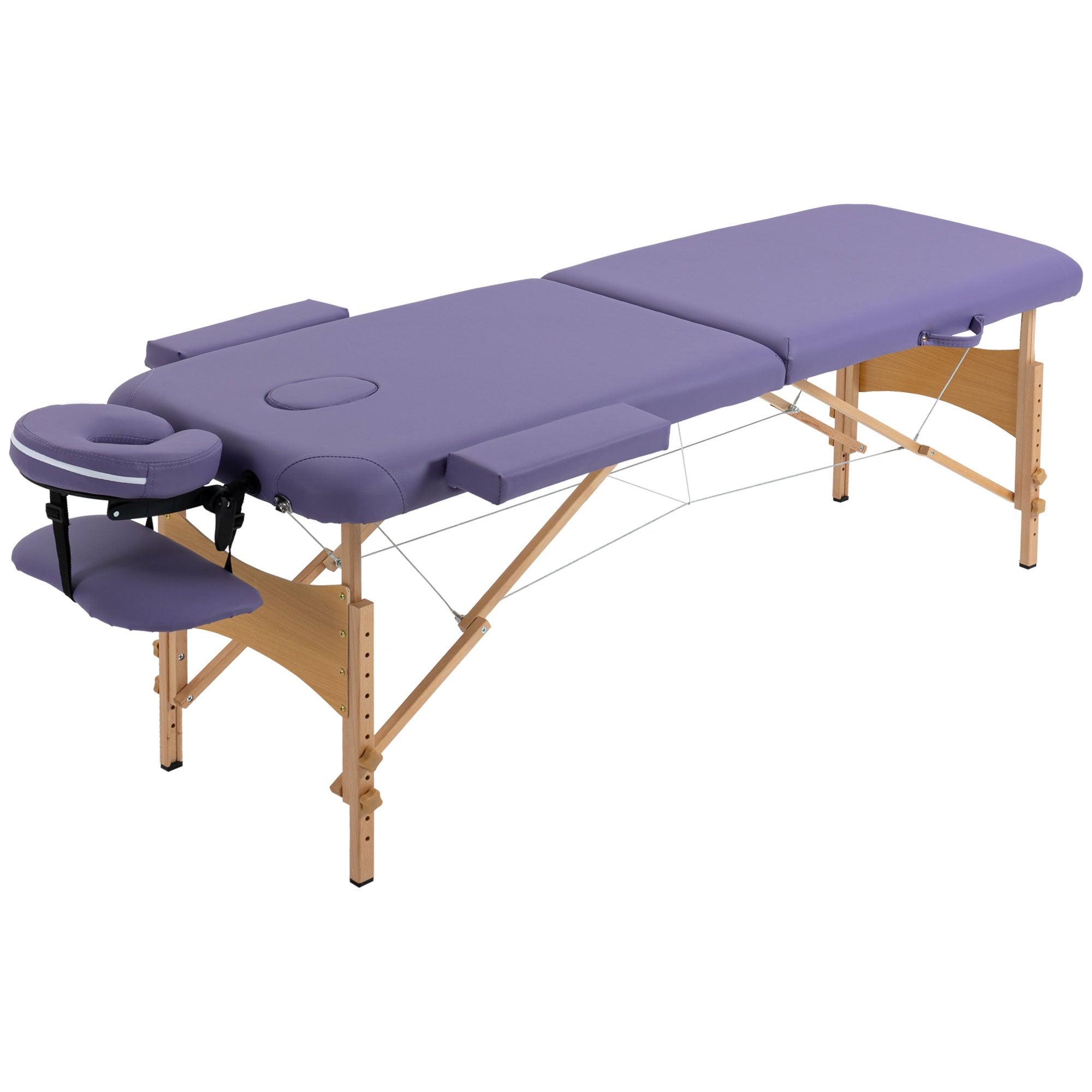 Folding Portable Massage Bed with Wooden Frame and Carry Bag, 2 Sections - Purple