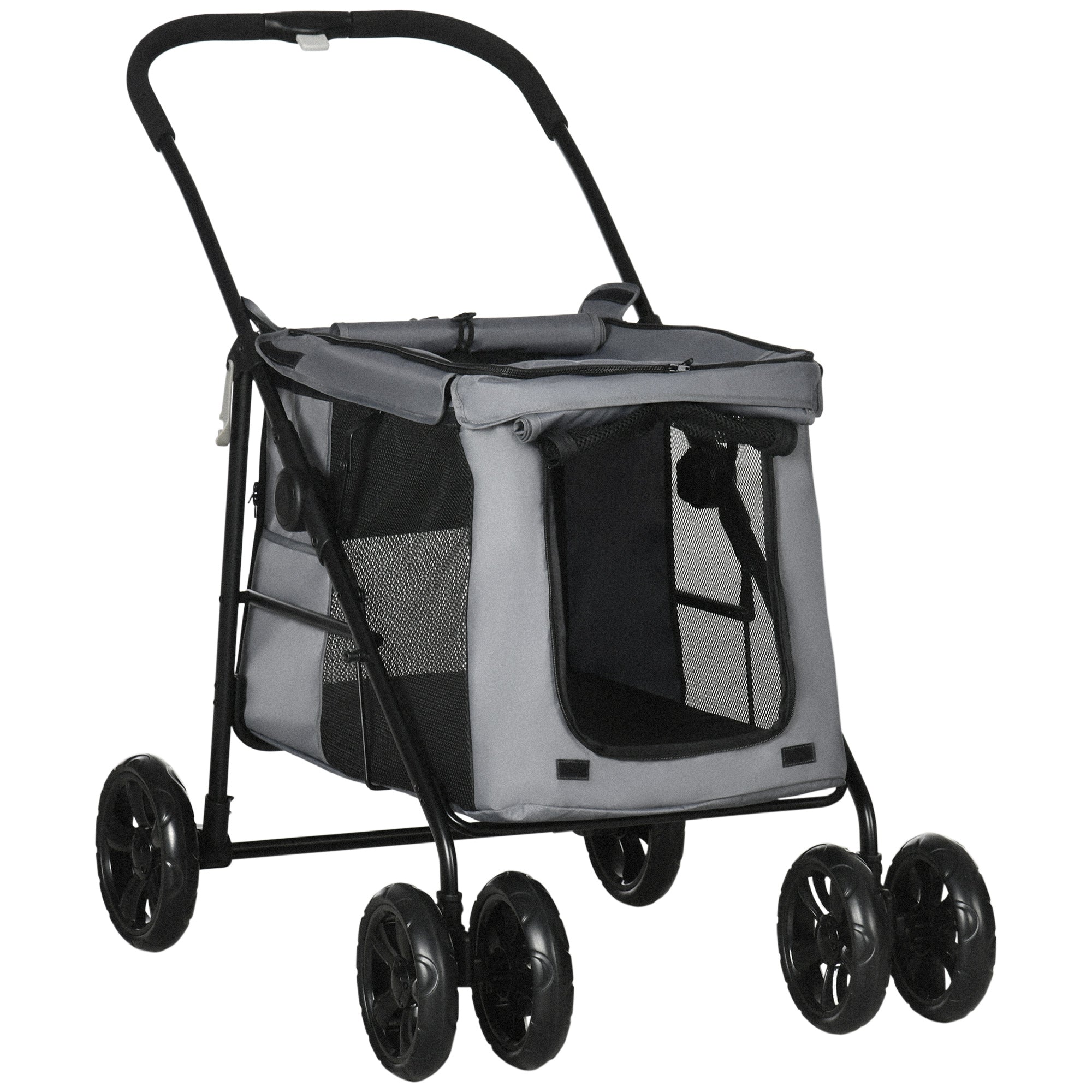 Foldable Pet Stroller with EVA Wheels and Mesh Windows for Small Pets - Grey