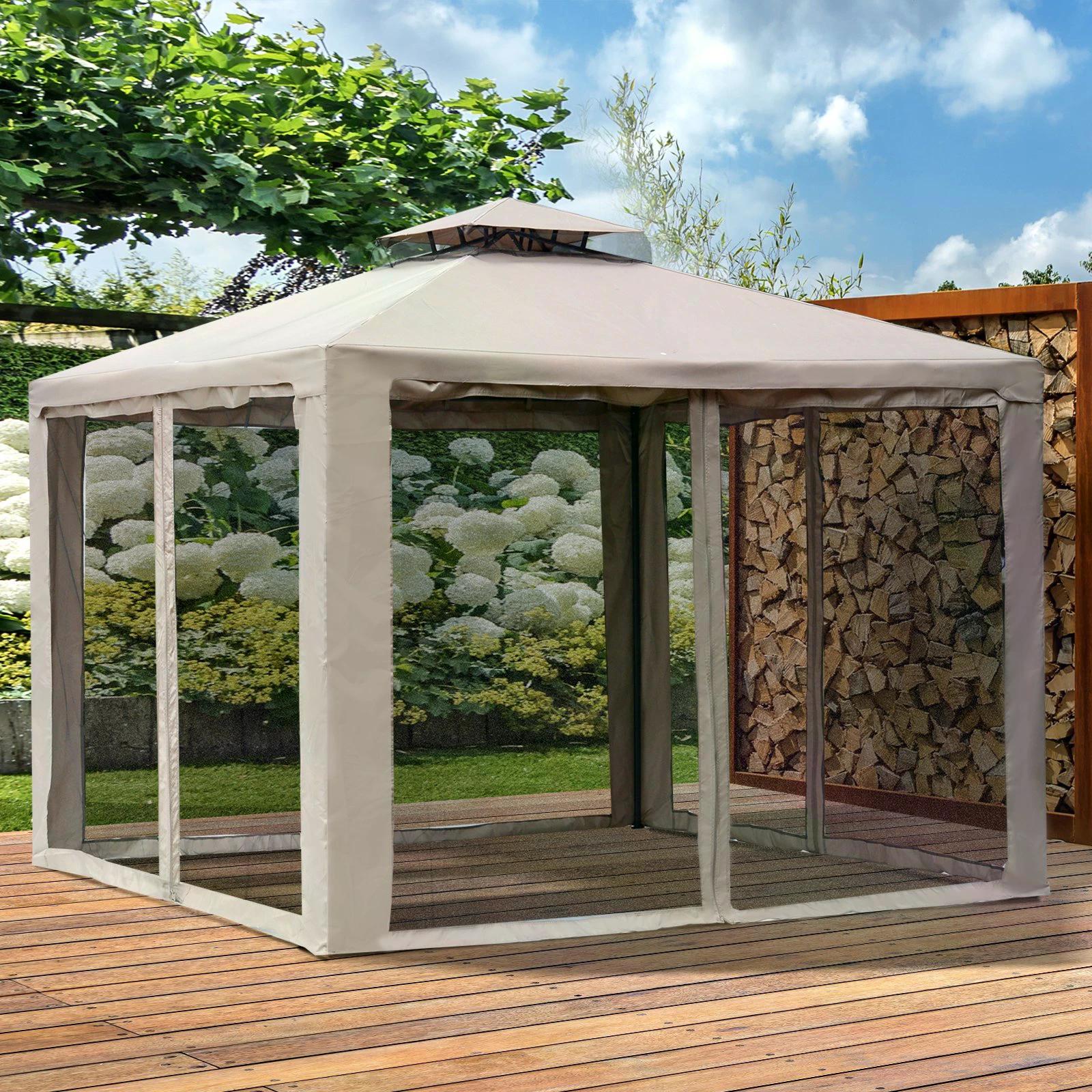 Outdoor Garden Gazebo Tent with Netting 2 Tier Roof Taupe