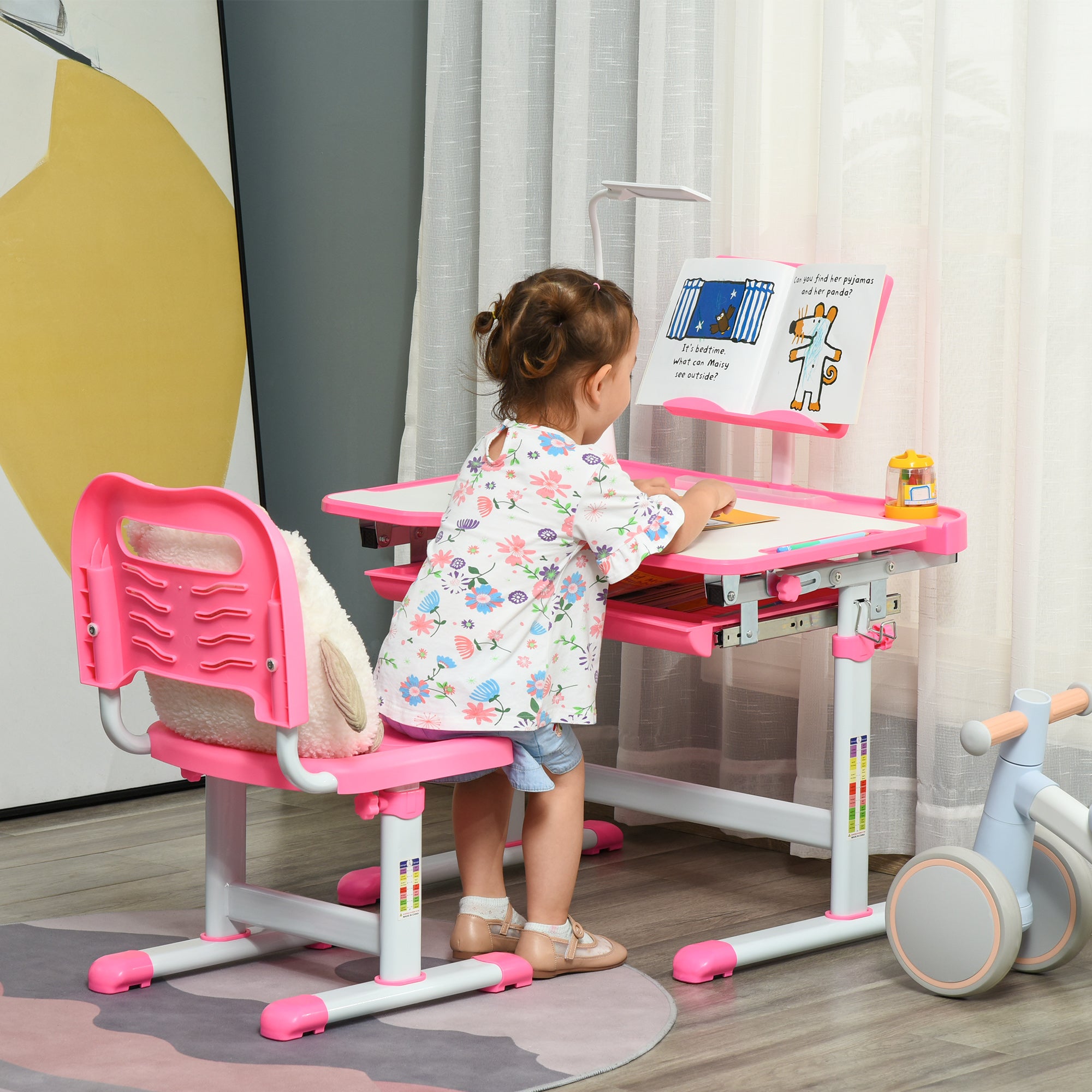 2 Piece Kids Desk and Chair Set with Height Adjustable Desk and USB Lamp - Pink and White