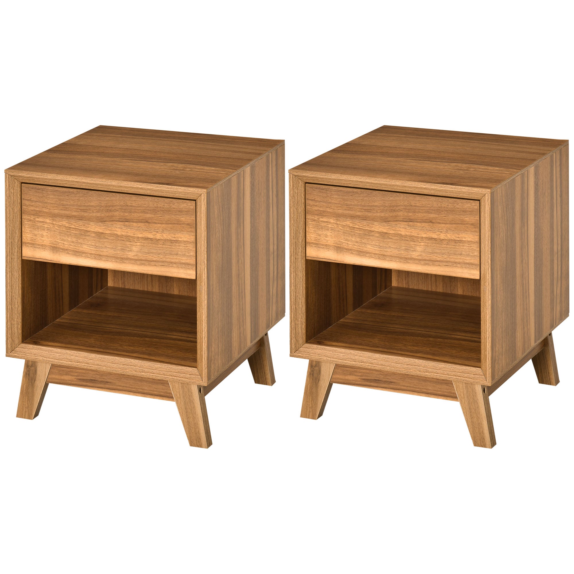 Set of 2 Modern Walnut Brown Bedside Tables with Drawer and Shelf