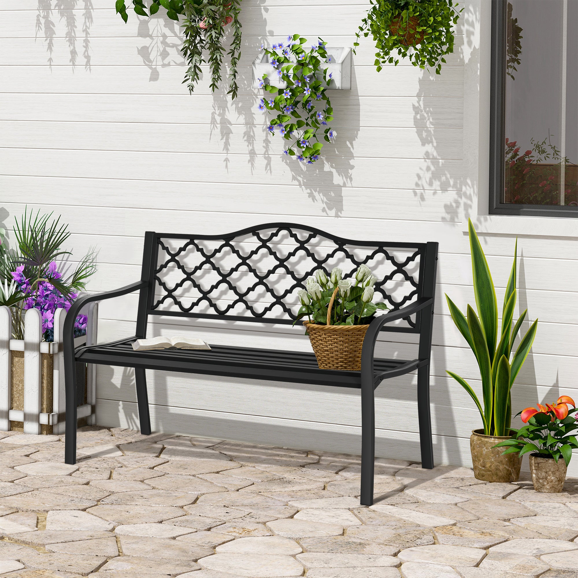 2 Seater Cast Iron Garden Bench with Armrests - Matte Black