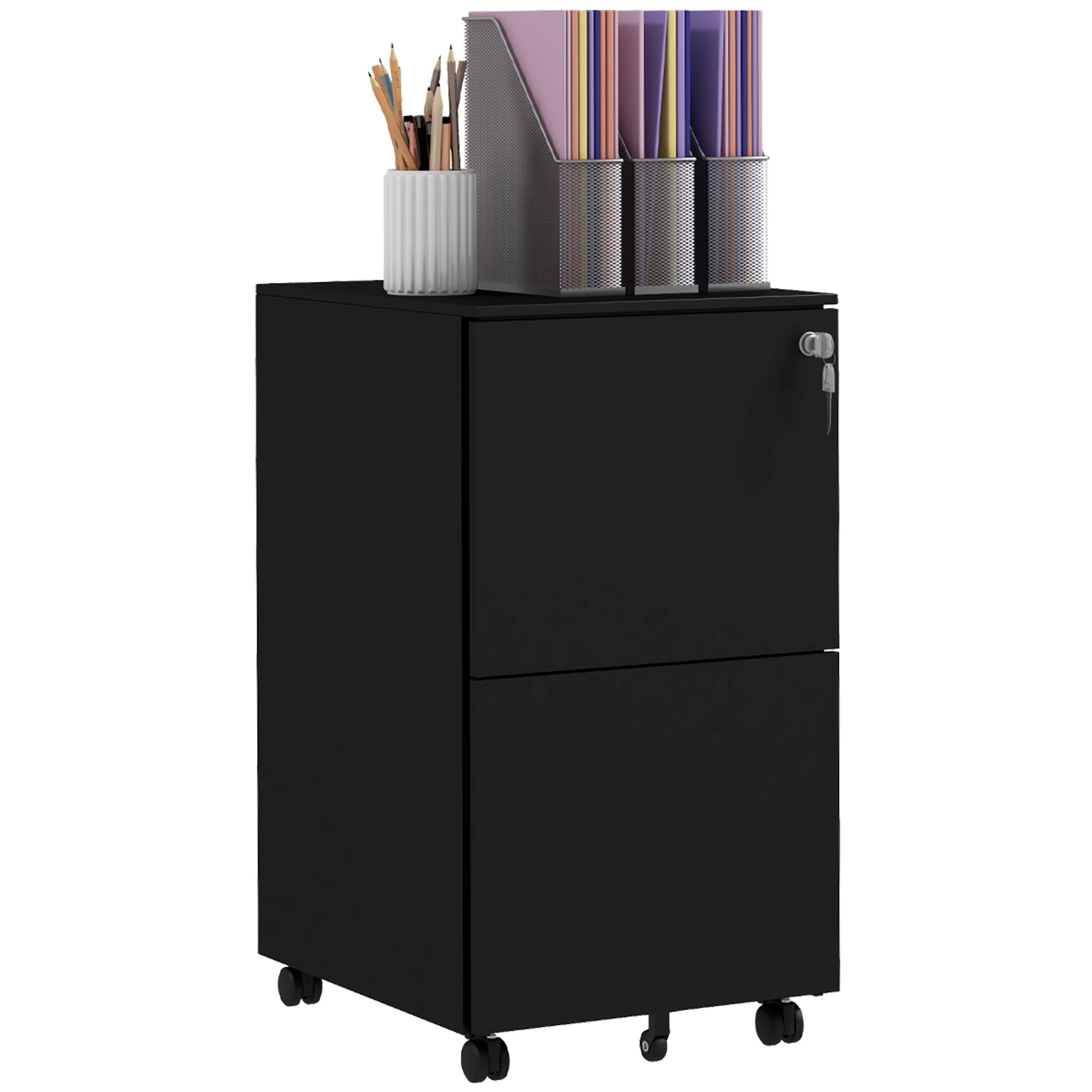2 Drawer Steel Mobile Filing Cabinet with Lock - Black
