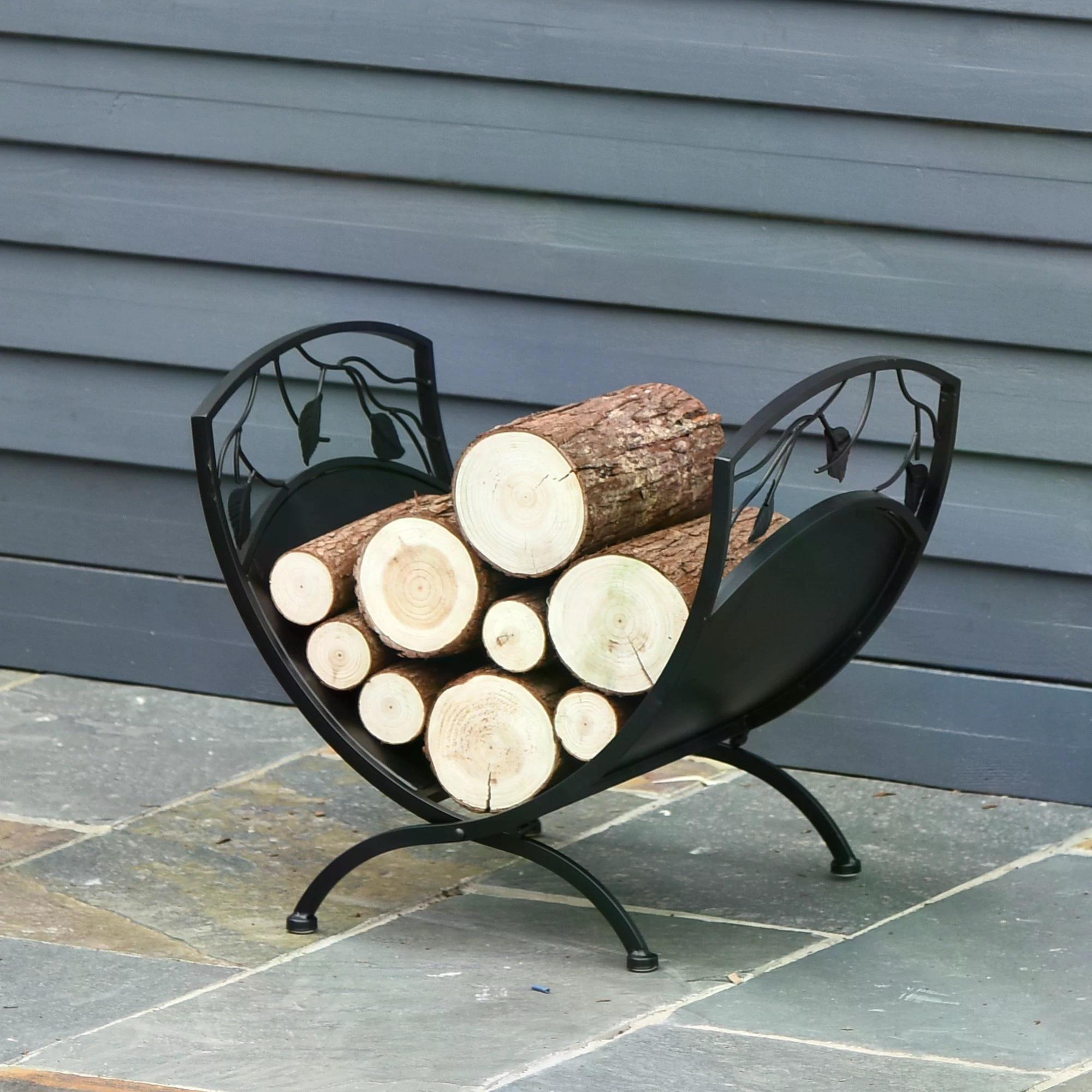 Iron Folding Firewood Log Holder with Leaf Scroll Panels Black