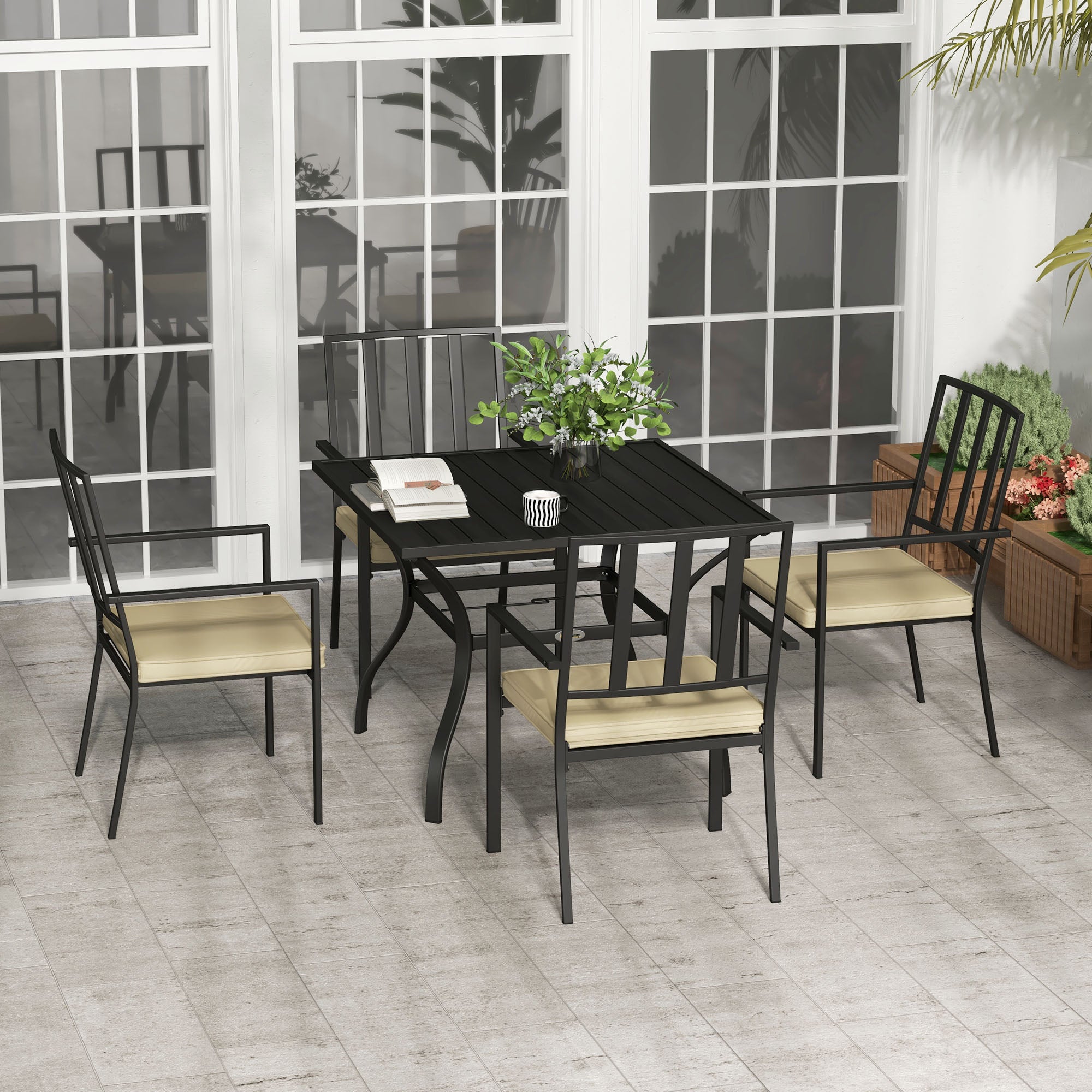 5 Piece Garden Dining Set with Cushions and Metal Table - Black