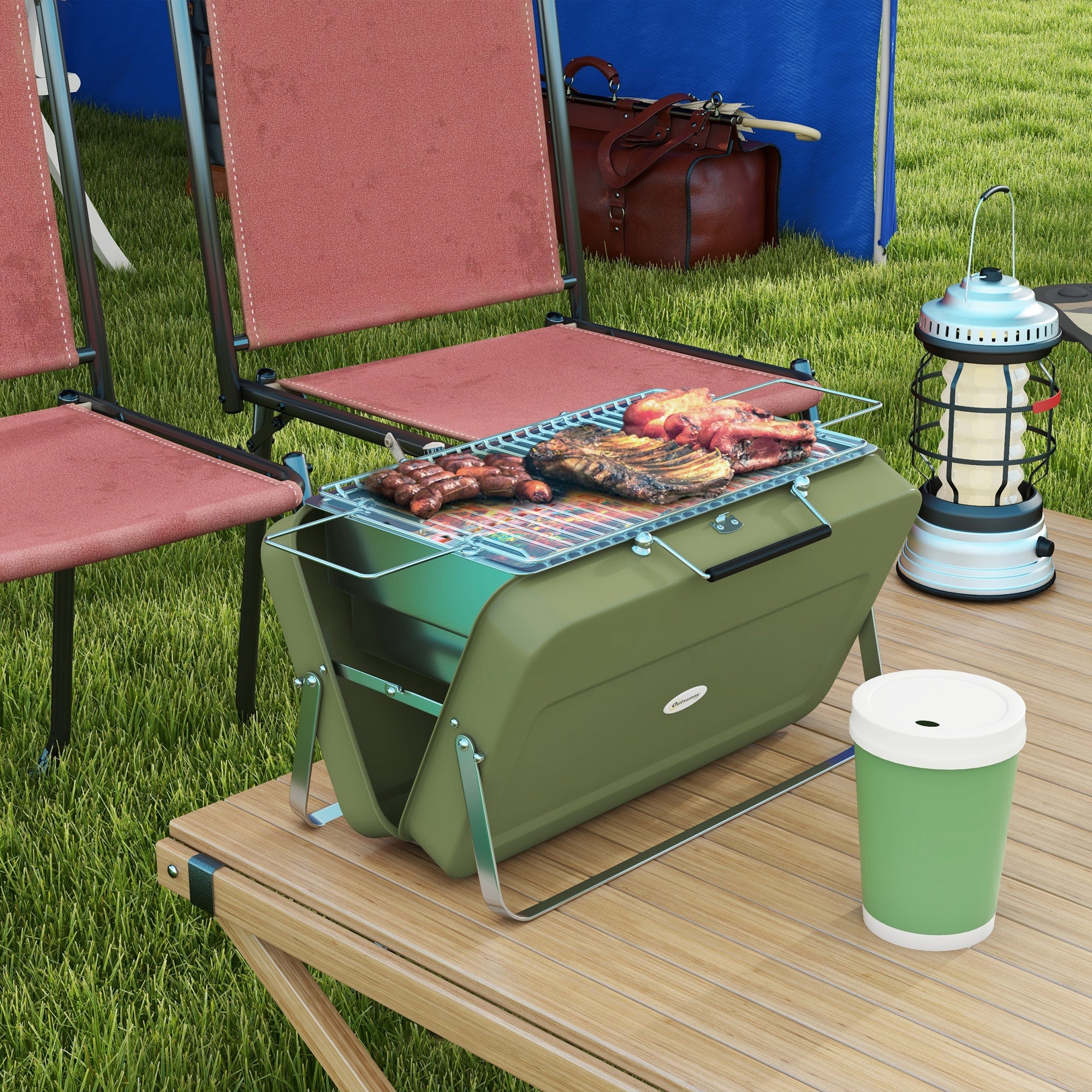 Foldable Suitcase Mini Charcoal Barbecue Grill BBQ - Green