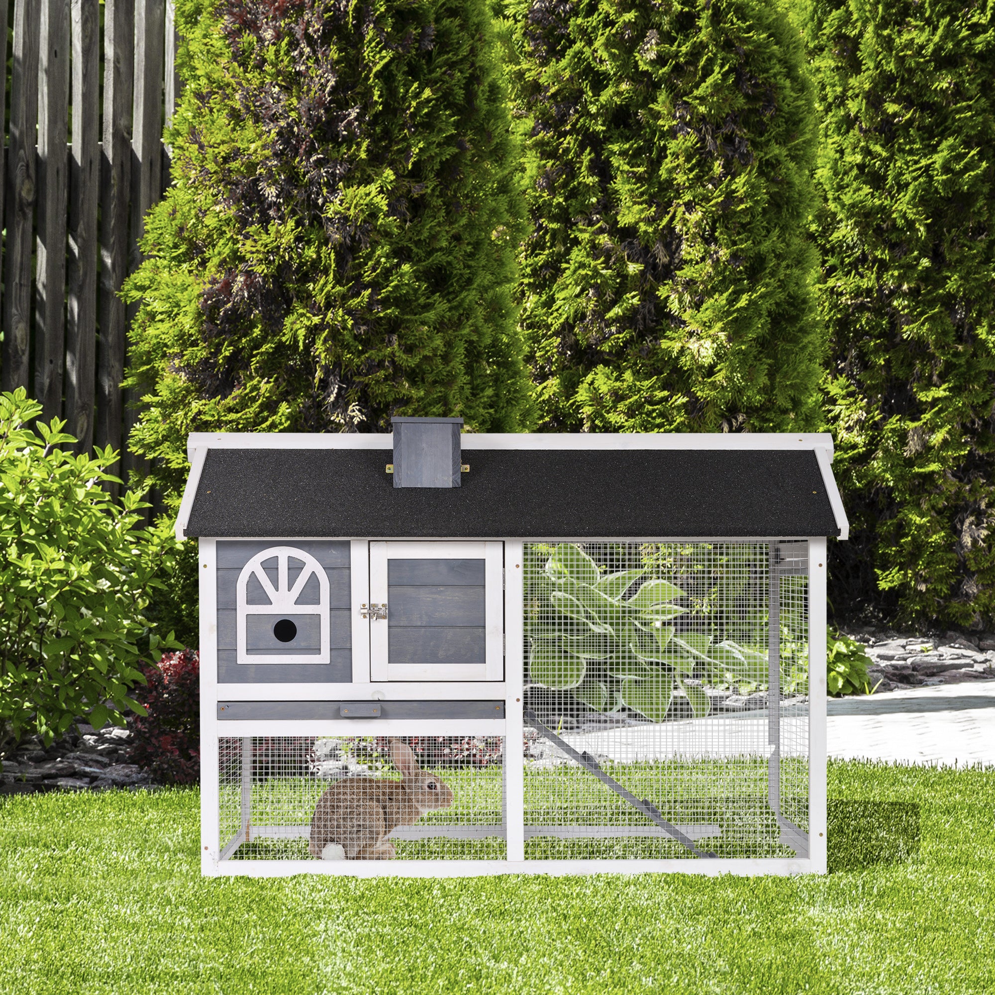 Rabbit Hutch with Run and Pull-Out Tray for Small Animals Indoor Outdoor - Grey