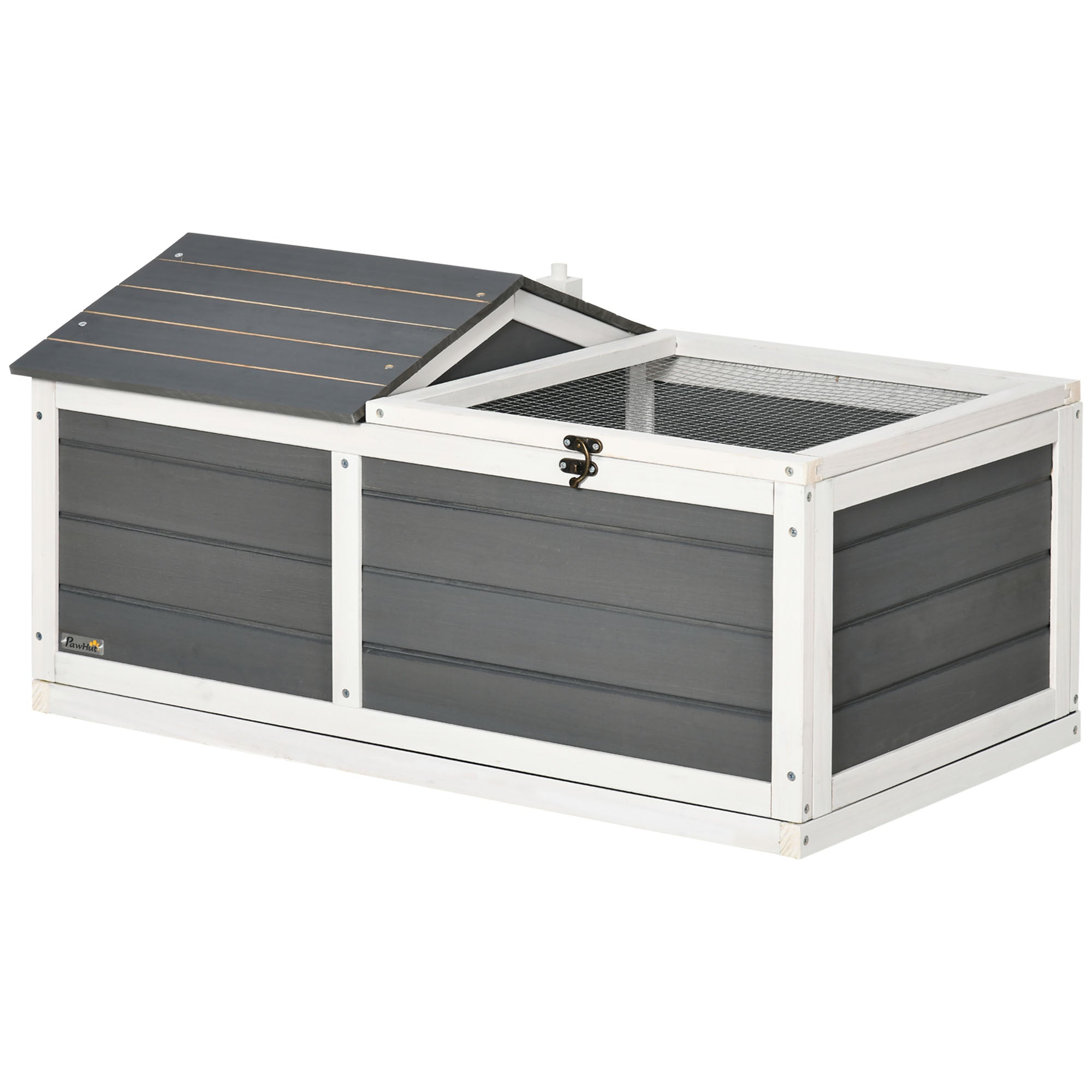 Wooden Small Tortoise House with Hide Shelter, Run & Openable Top Tray - Grey and White