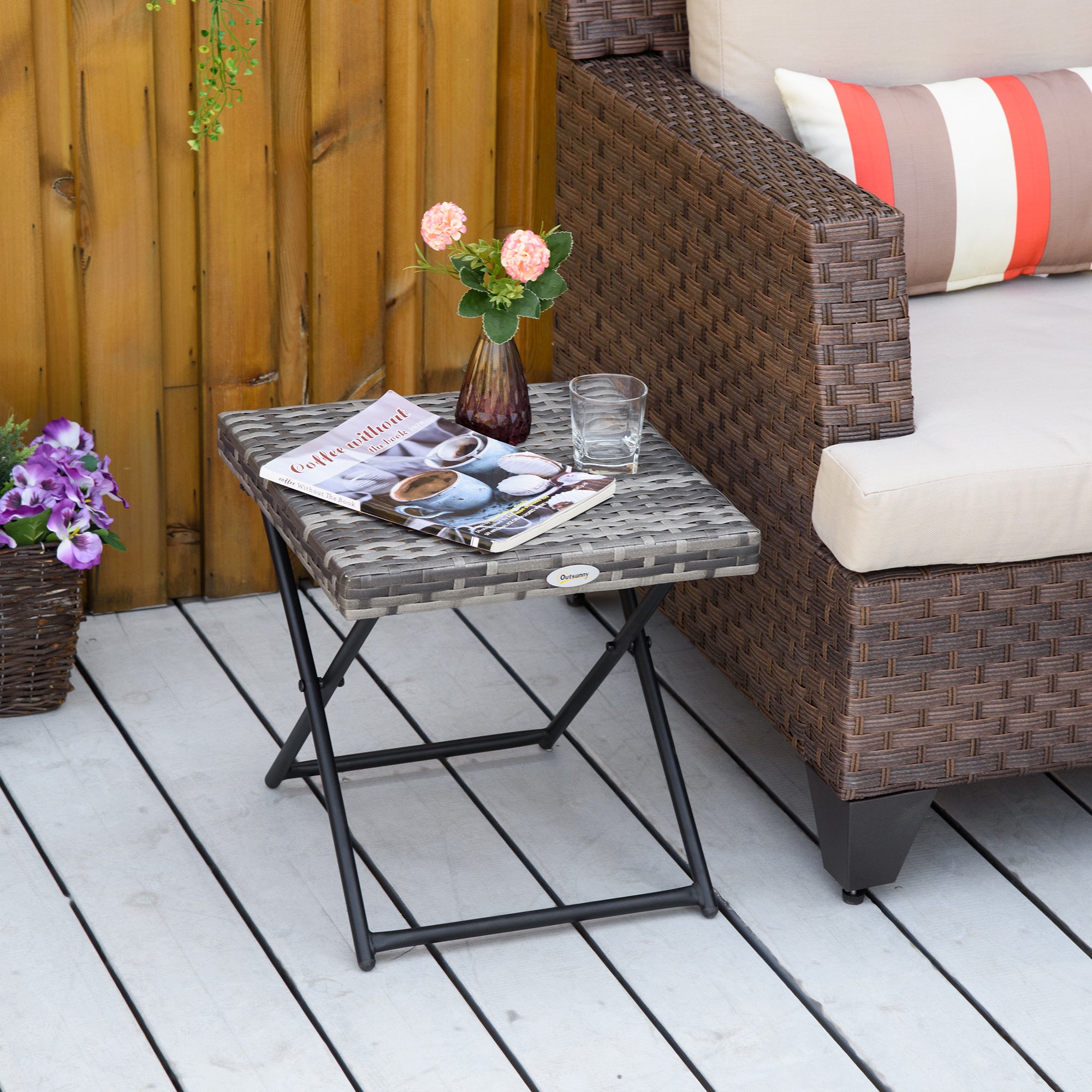 Folding Square Rattan Coffee Table with Steel Frame - Grey