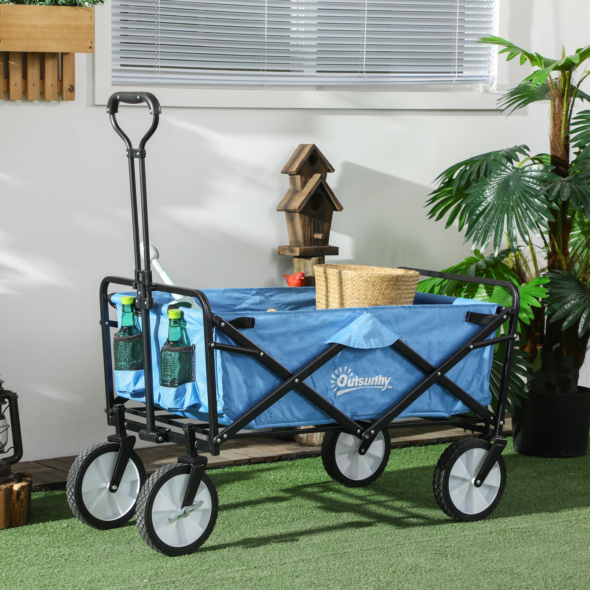 Folding Garden Trolley Cart with Steel Frame and Telescopic Handle - Blue