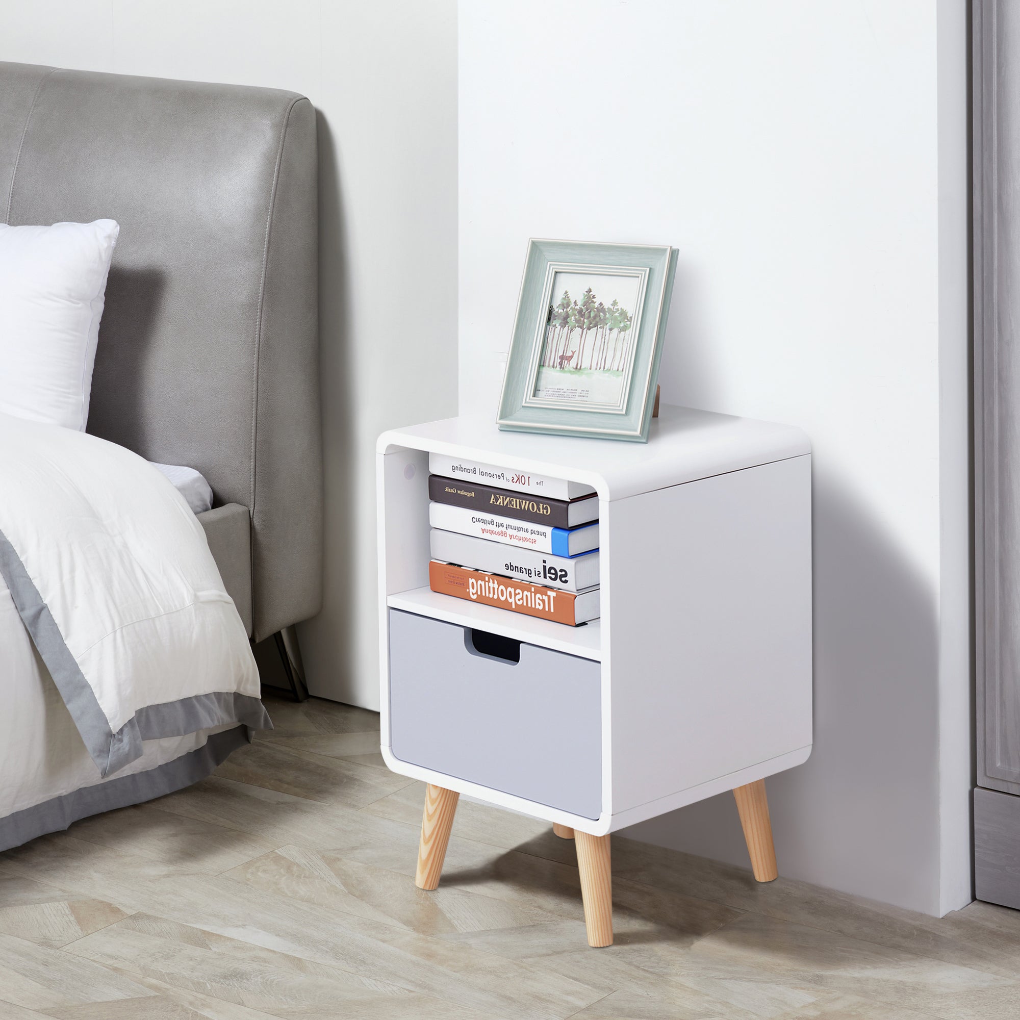 Scandinavian Style Bedside Table - Durable Pine Wood and MDF - White/Grey/Natural Wood Colour