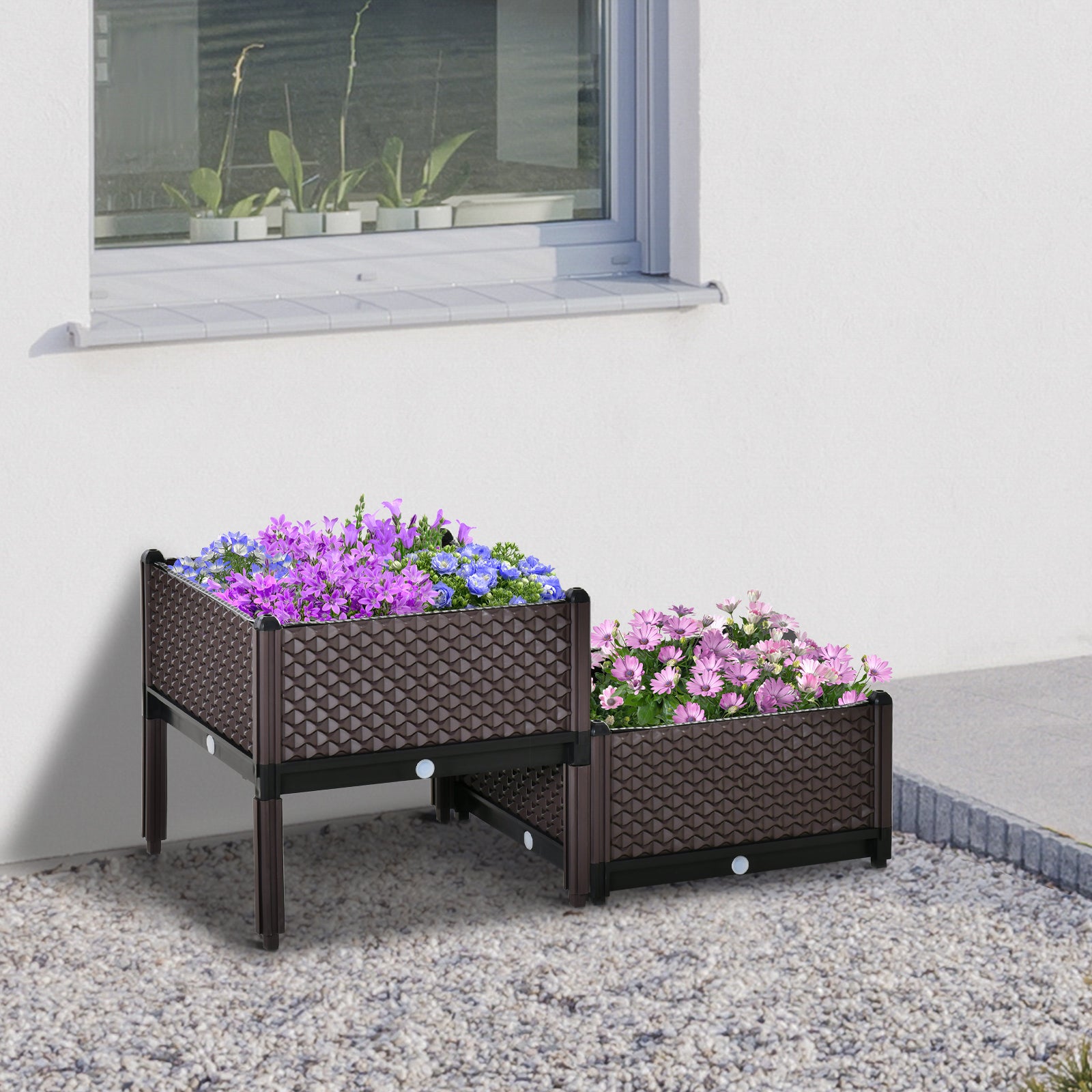 Set of 2 Plastic Raised Garden Beds 50x50x46.5cm with Self-Watering Planter Boxes - Brown
