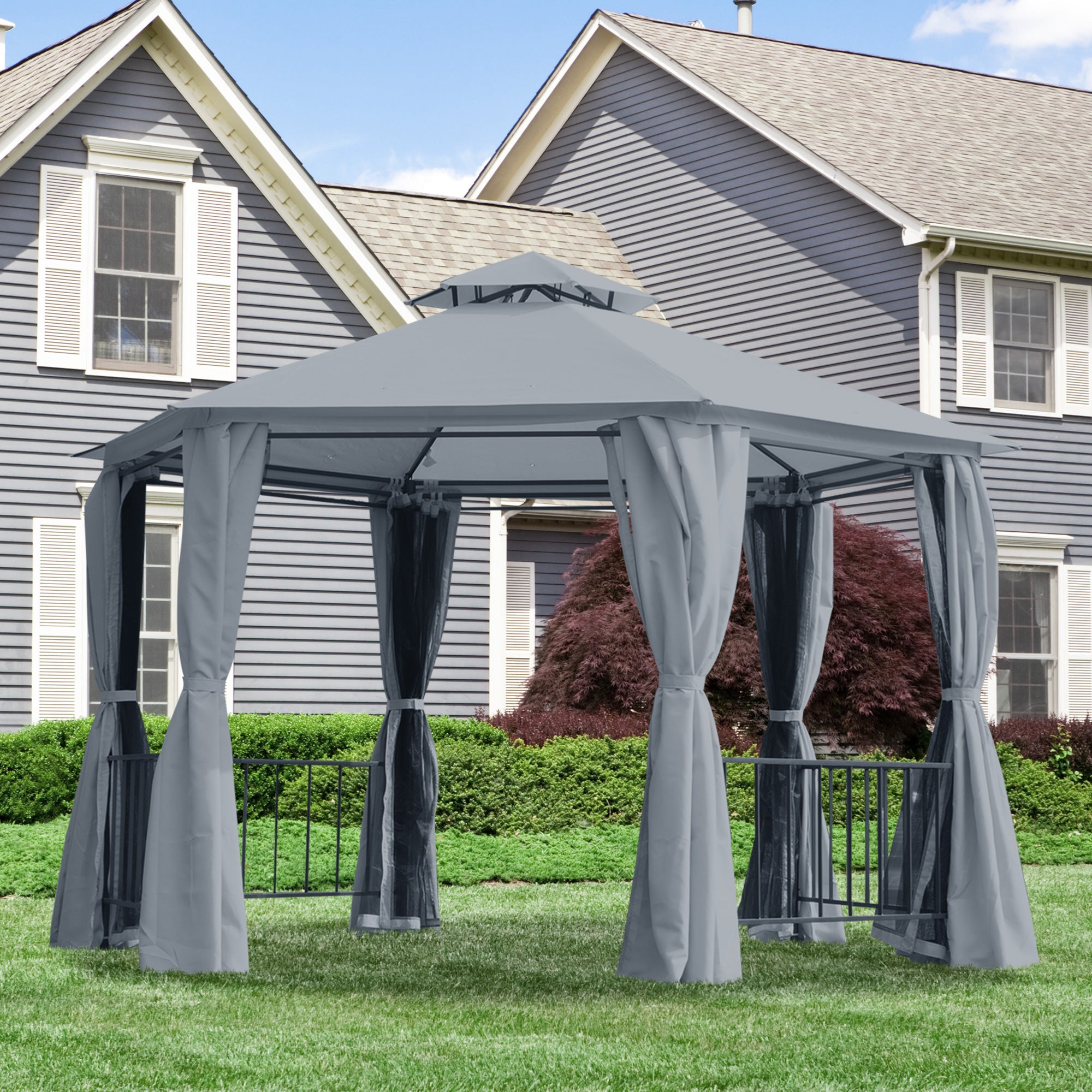 Hexagon 6 Panel Gazebo Canopy with 2 Tier Roof and Side Panel - Grey