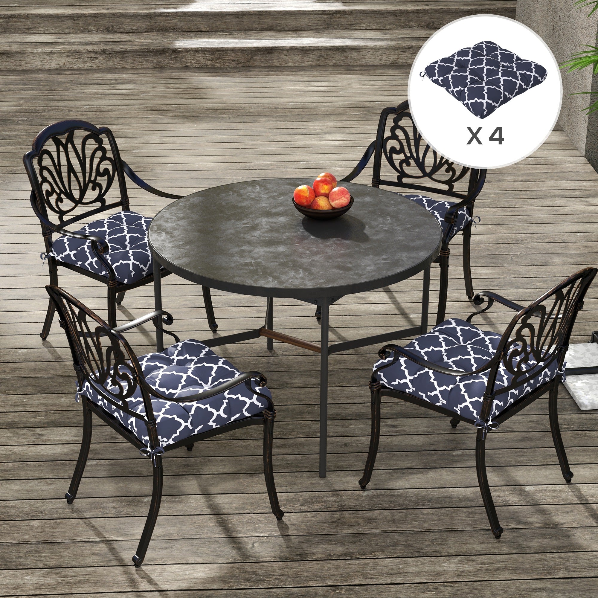 Set of 4 Outdoor Patio Chair Seat Cushions with Ties - Blue