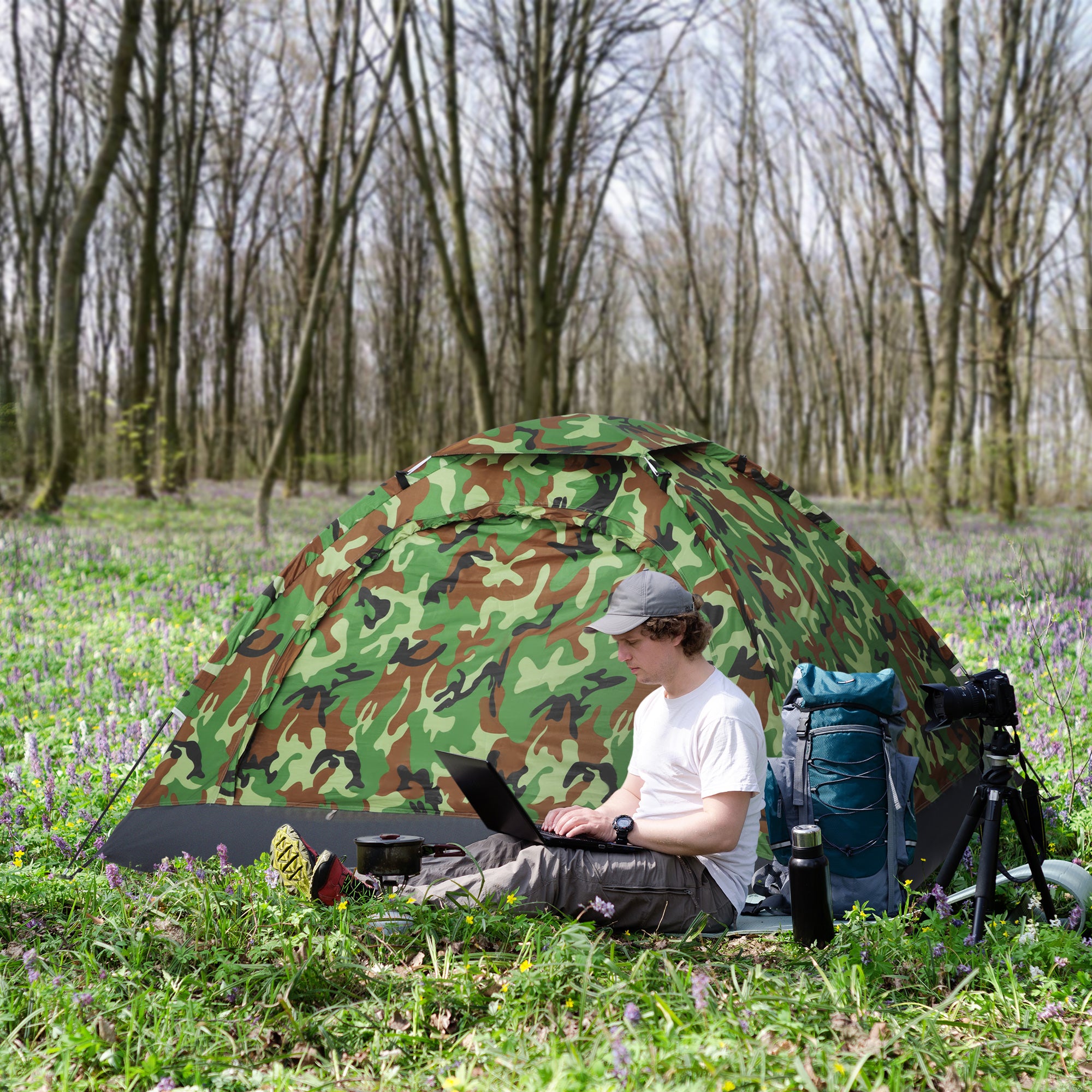 2 Person Camping Tent with Mesh Windows and Storage Pocket - Multicoloured