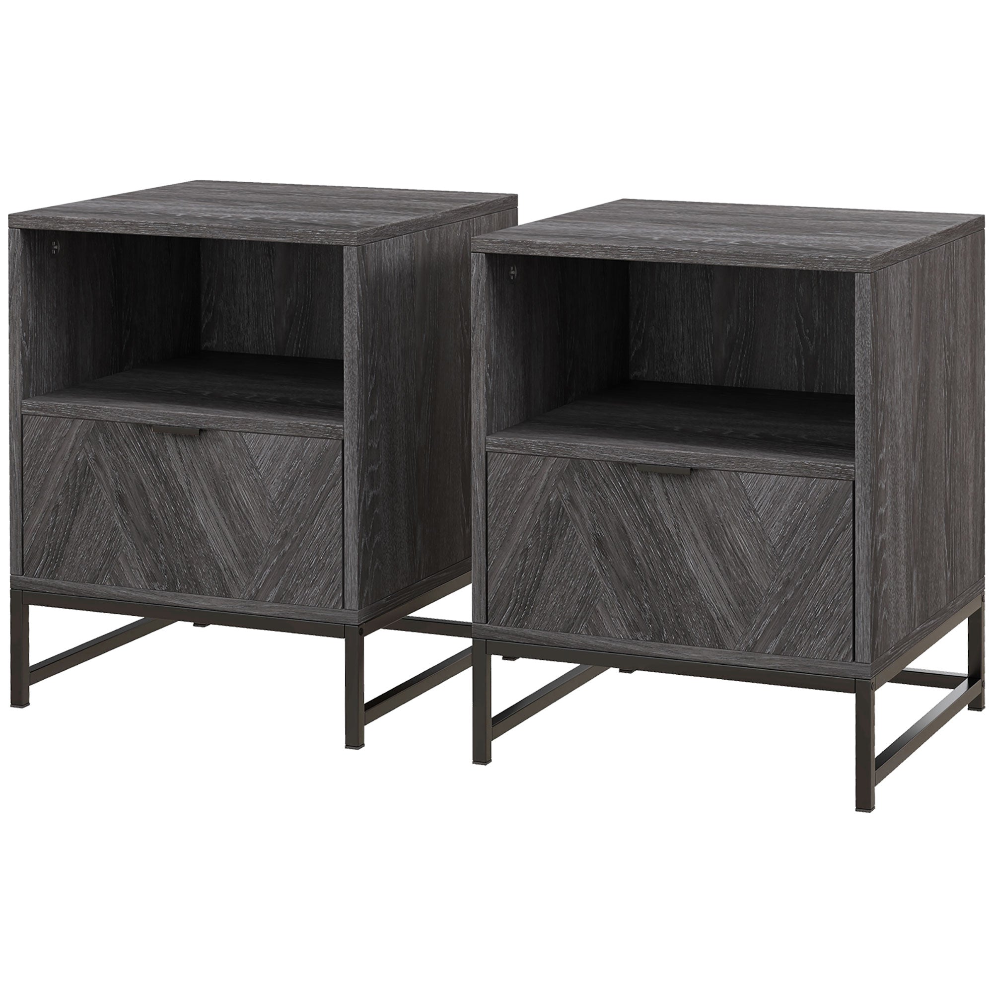 Set of 2 Industrial Bedside Tables with Drawer and Shelf - Dark Grey