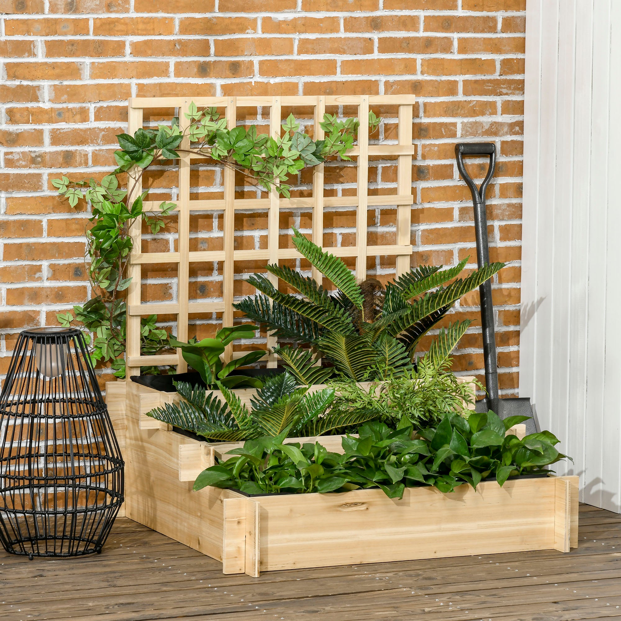 3 Tier Wooden Garden Planters with Trellis for Climbing Vines - Natural Tone