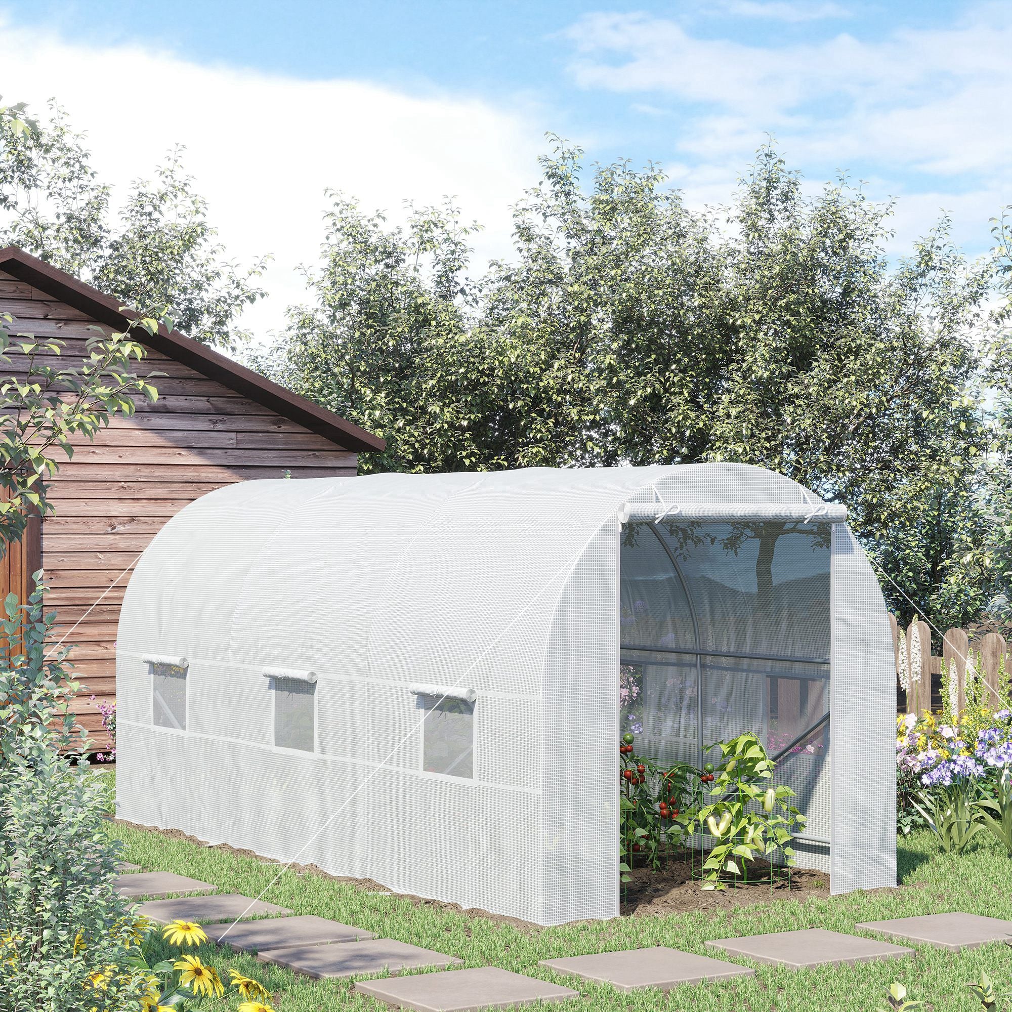 Large Galvanised Steel Frame Walk-In Greenhouse with UV Protection Cover - White