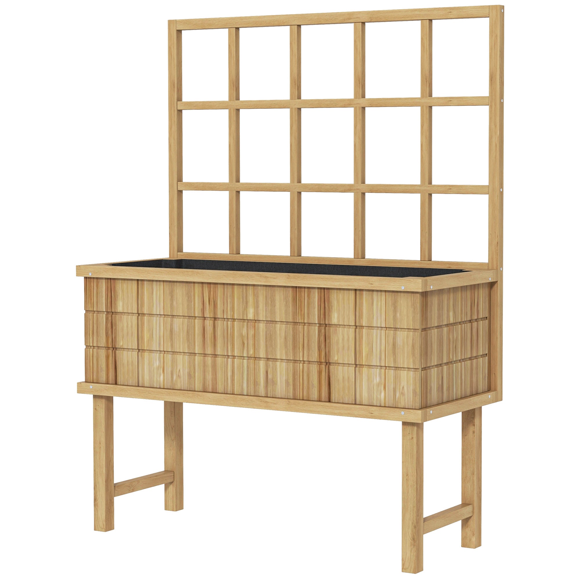 Wooden Raised Garden Planter with Trellis and Drainage Holes - Natural Wood Finish
