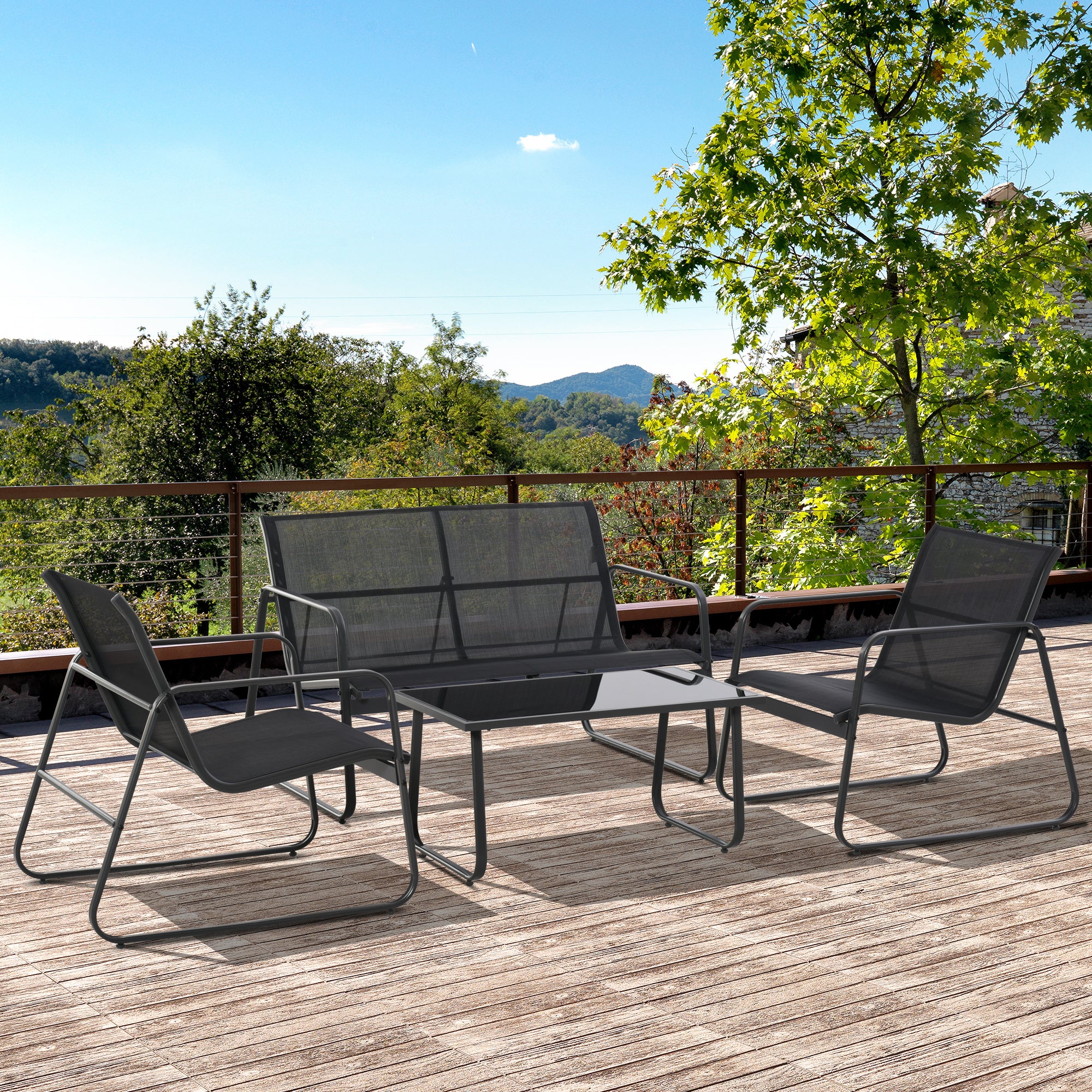 4 Piece Outdoor Garden Furniture Set with Double and Single Chairs & Glass Top Table - Black