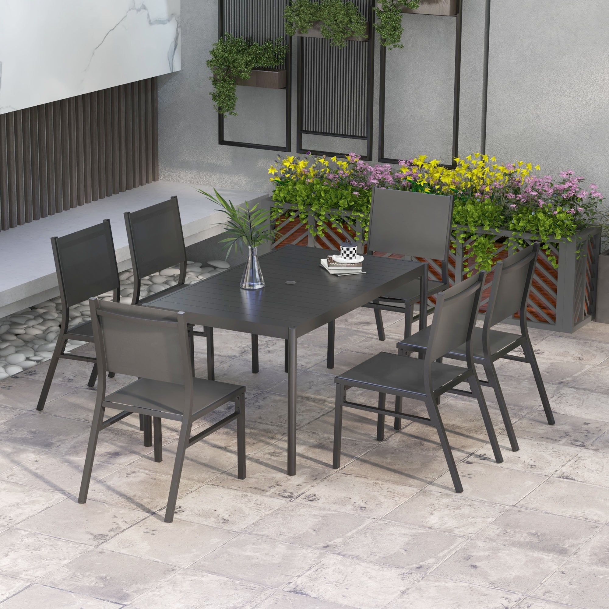 7 Piece Steel and Aluminium Outdoor Dining Set with Mesh Seats - Black