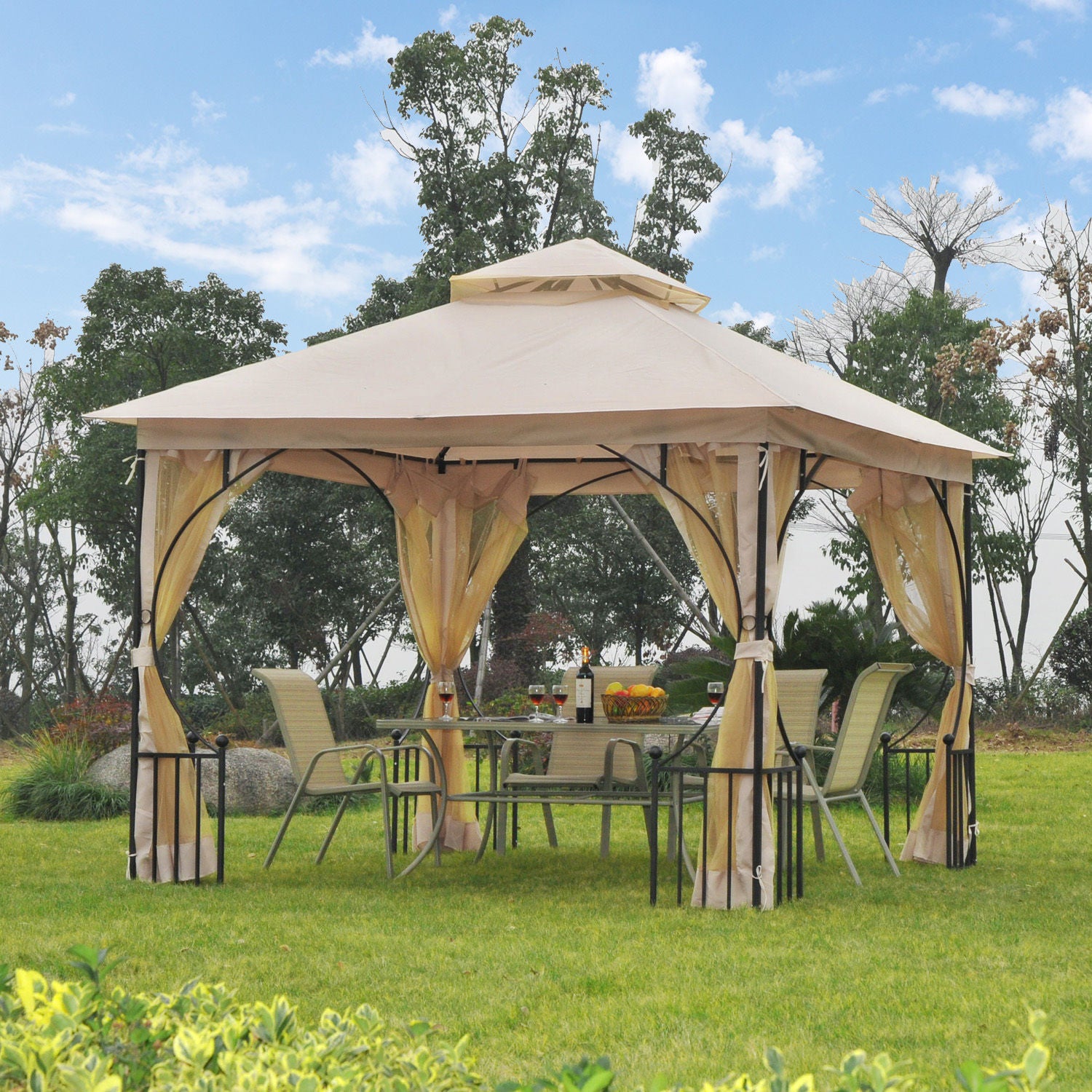 3 x 3 Metre Metal Frame Garden Gazebo with Mesh Sides - Beige