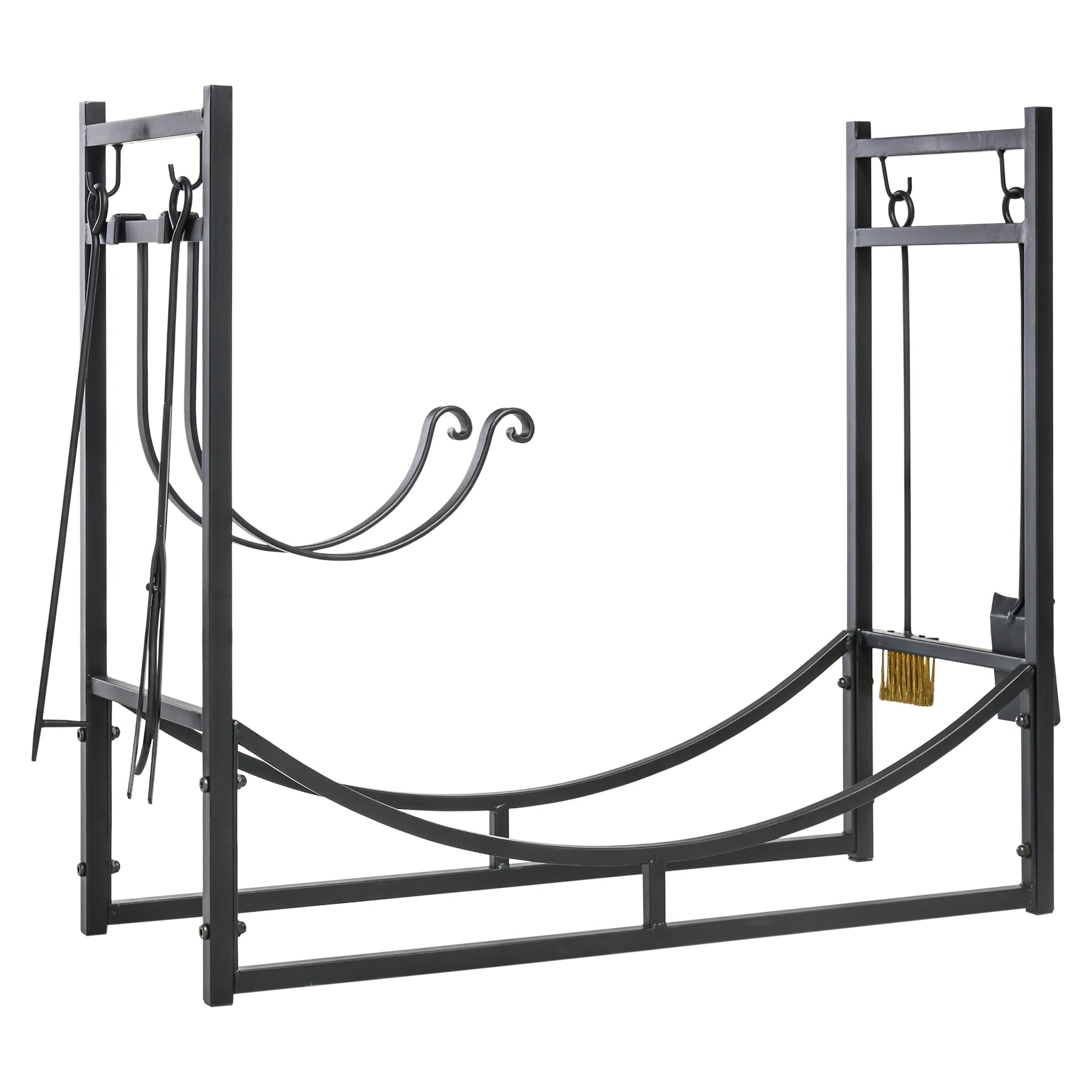 Firewood Stand Log Rack with 4-Piece Fireplace Tool Set - Black Metal