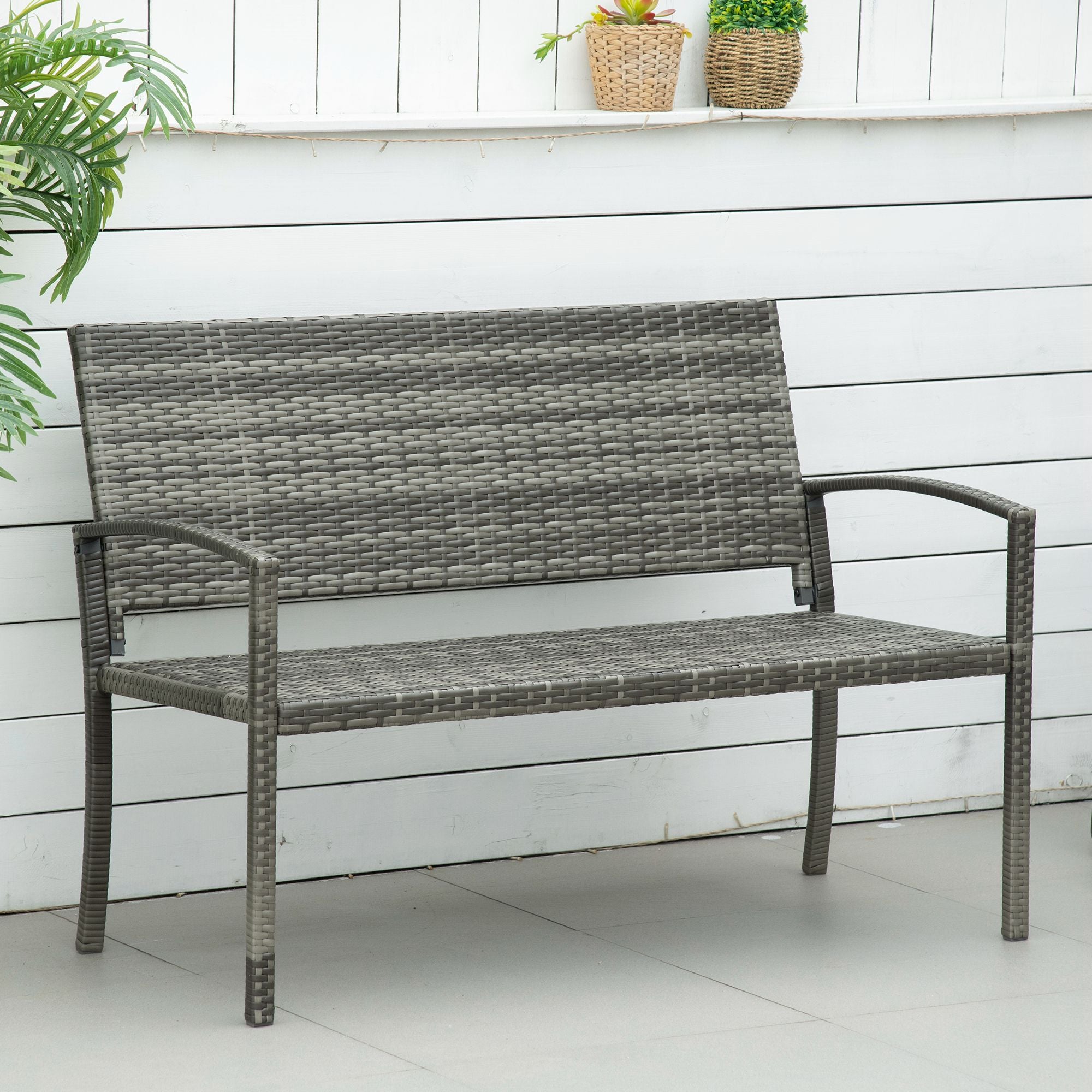 Patio Rattan 2 Seater Garden Bench with Armrests Outdoor Wicker Love Seat - Grey